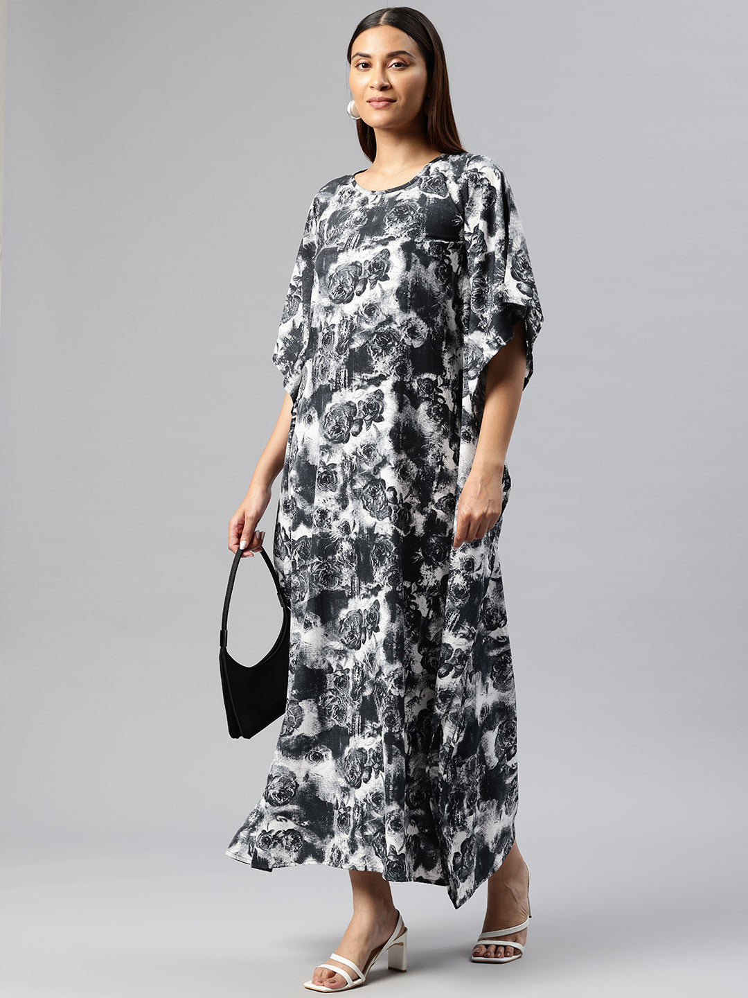 Cottinfab Floral Printed Kimono Sleeve Crepe Kaftan Maxi Dress