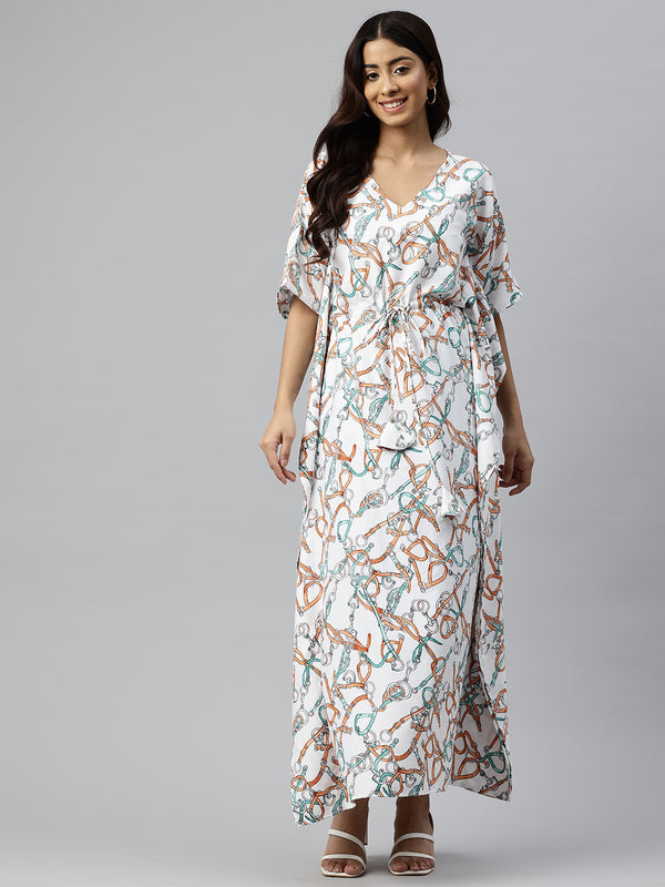 Cottinfab Abstract Printed Kimono Sleeve Crepe Kaftan Maxi Dress