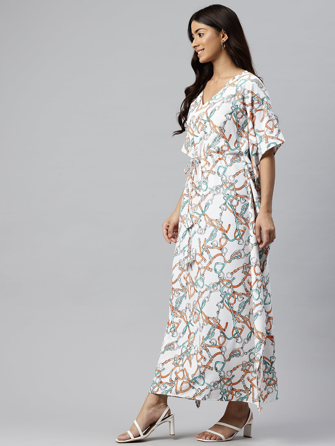 Cottinfab Abstract Printed Kimono Sleeve Crepe Kaftan Maxi Dress