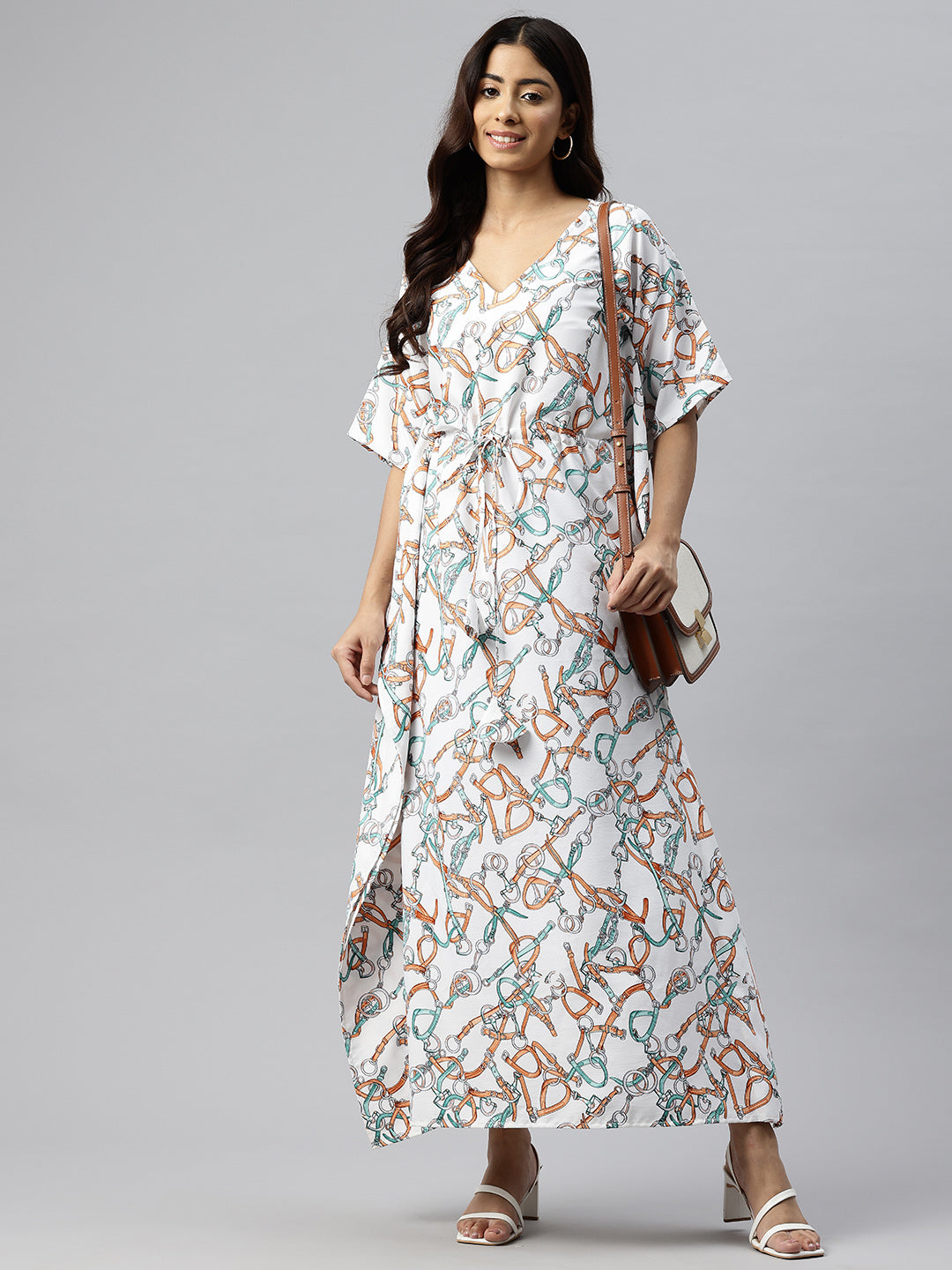 Cottinfab Abstract Printed Kimono Sleeve Crepe Kaftan Maxi Dress