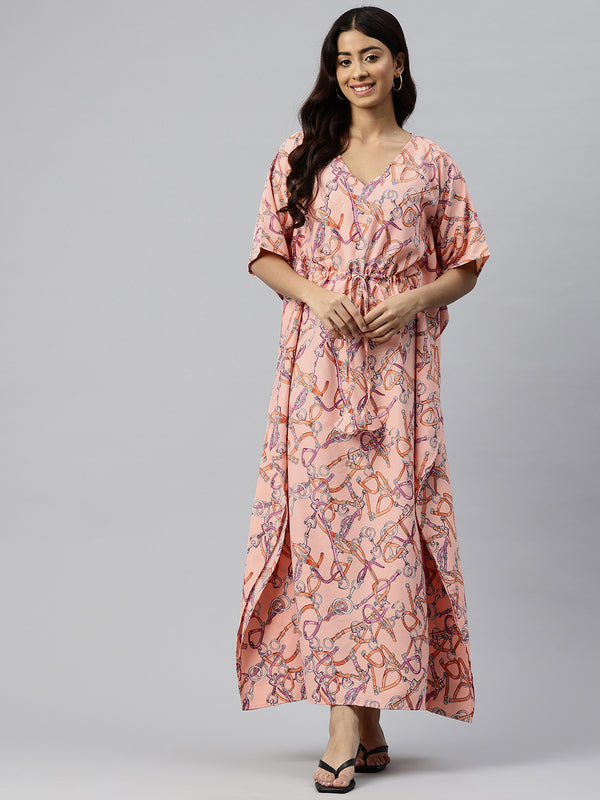 Cottinfab Printed Kimono Sleeves Crepe Kaftan Maxi Dress