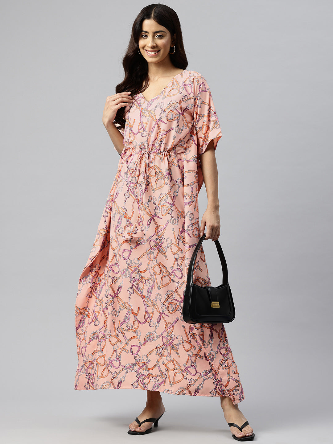 Cottinfab Printed Kimono Sleeves Crepe Kaftan Maxi Dress