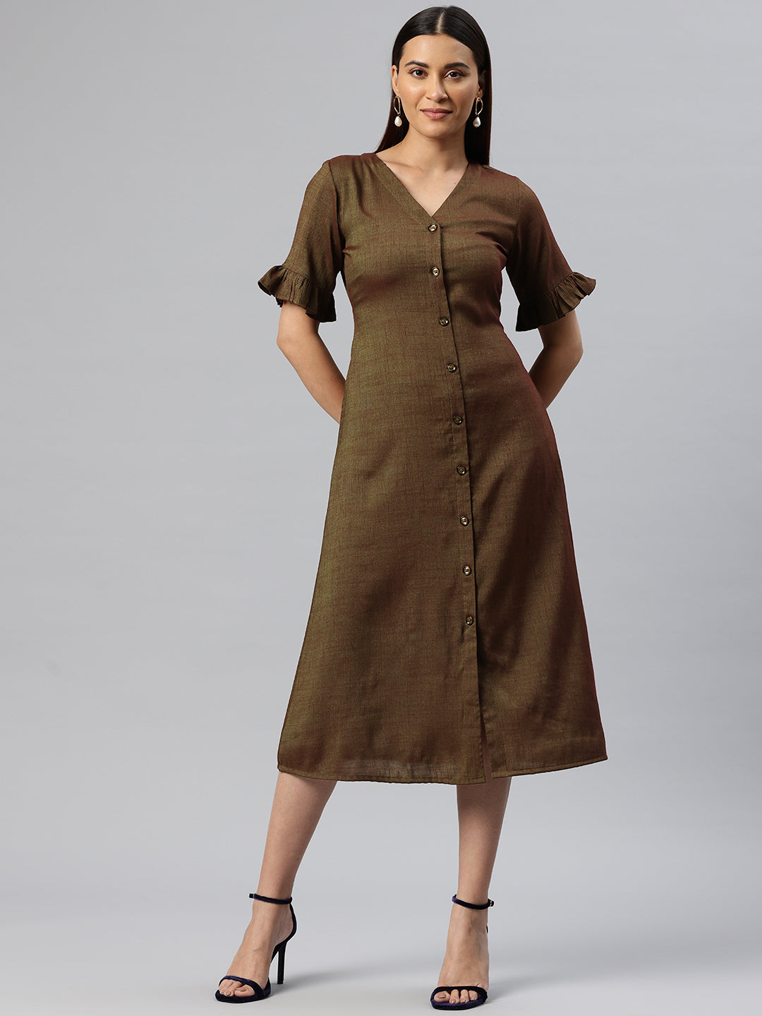 Cottinfab Bell Sleeves A-Line Midi Dress