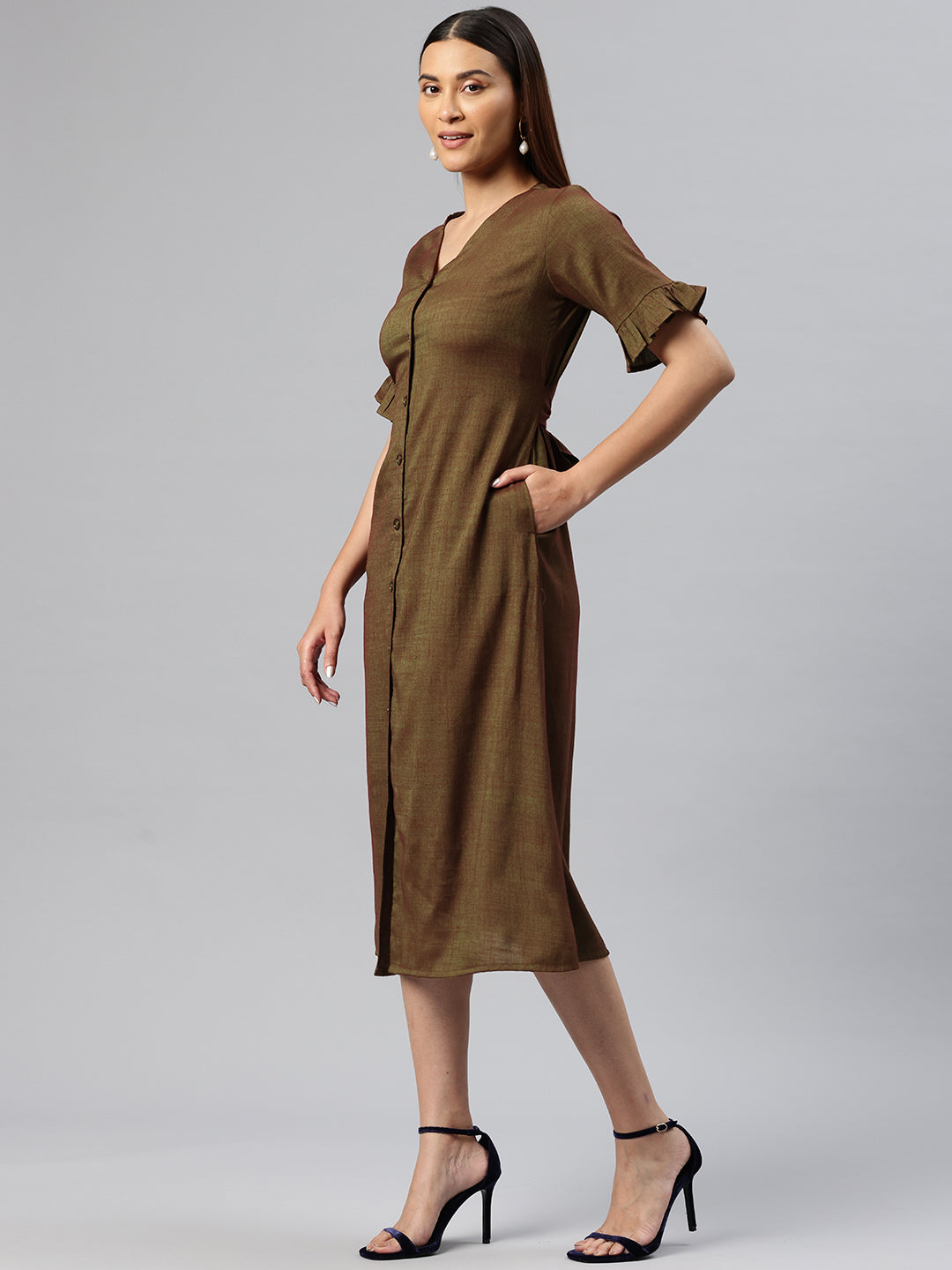 Cottinfab Bell Sleeves A-Line Midi Dress