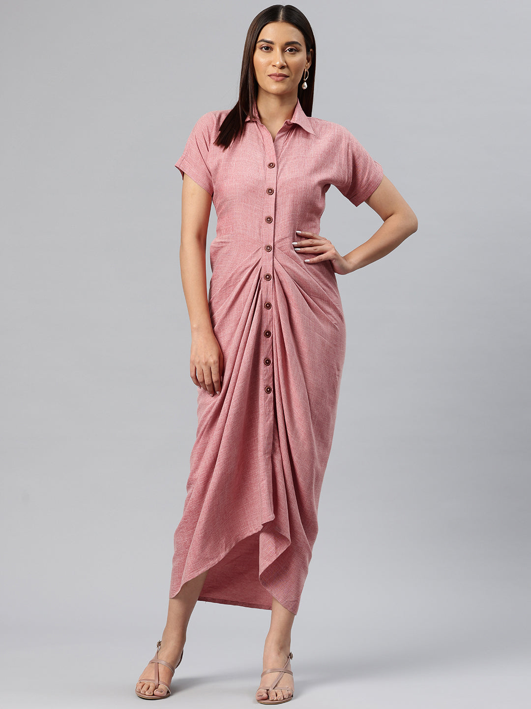 Cottinfab Solid Gathered-Detail Shirt Midi Dress