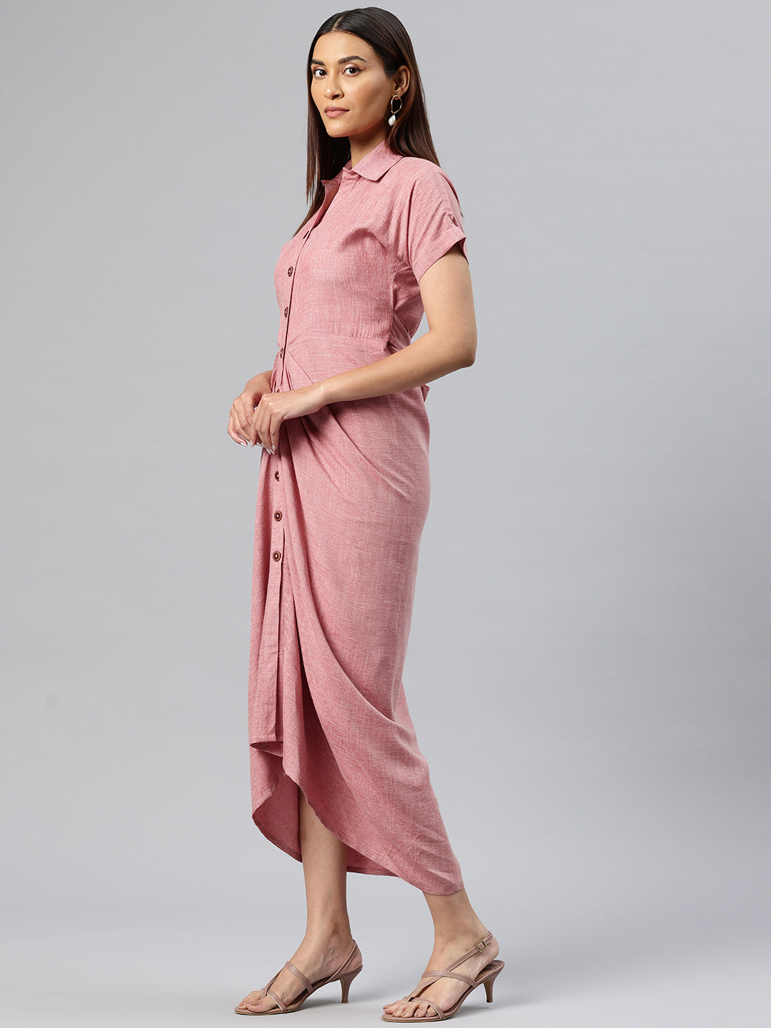 Cottinfab Solid Gathered-Detail Shirt Midi Dress