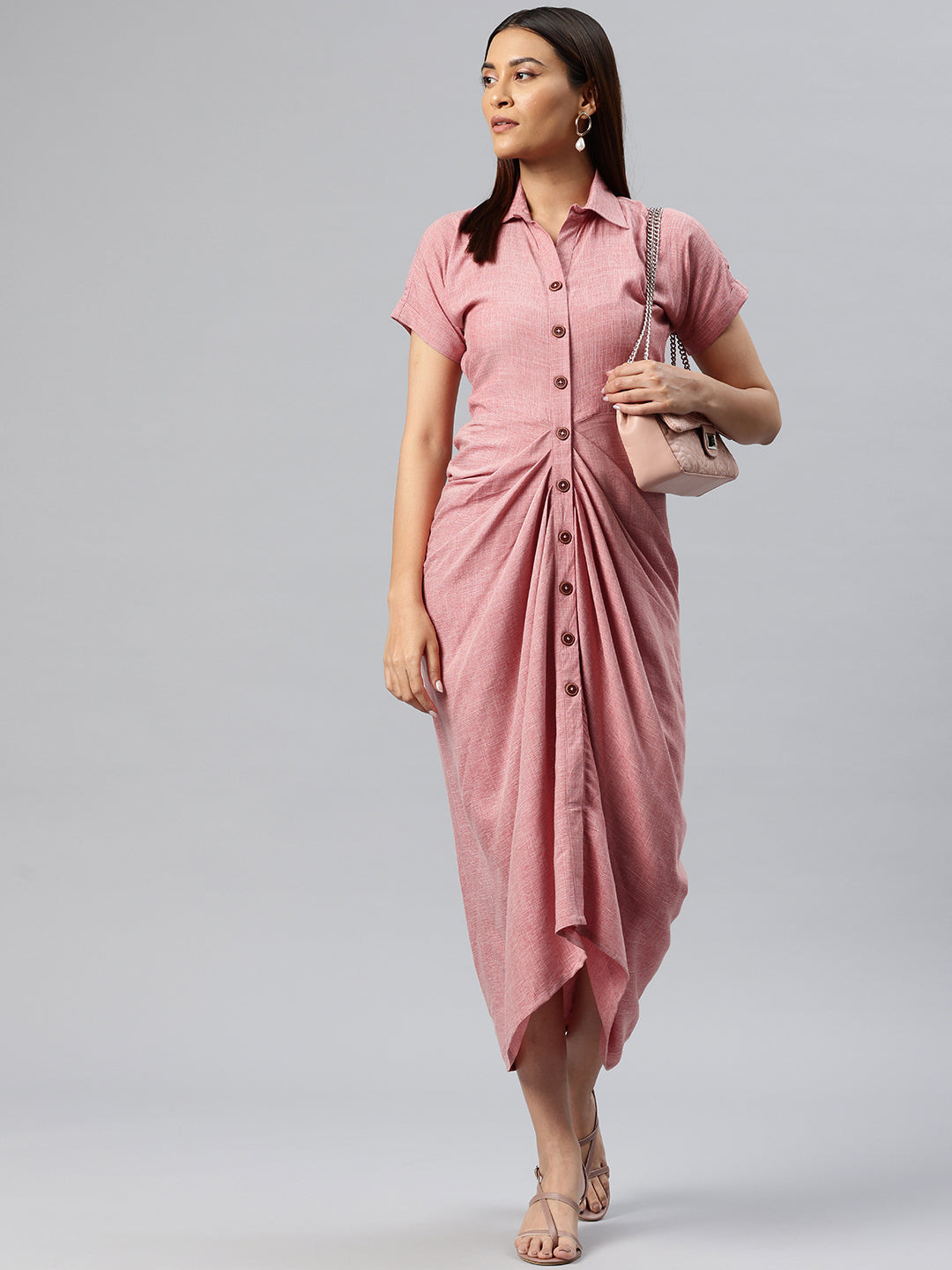 Cottinfab Solid Gathered-Detail Shirt Midi Dress