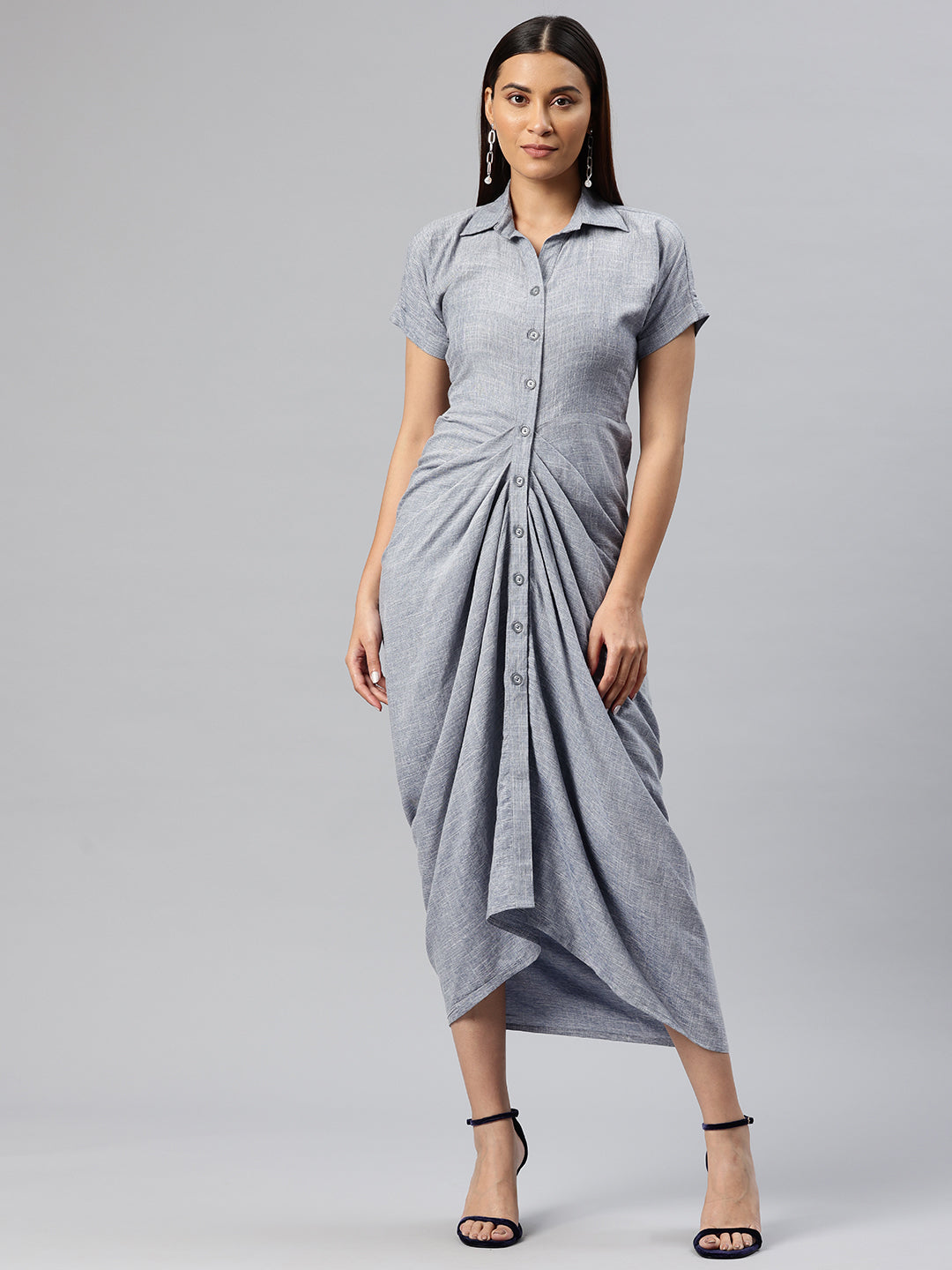 Cottinfab Solid Gathered-Detail Shirt Midi Dress