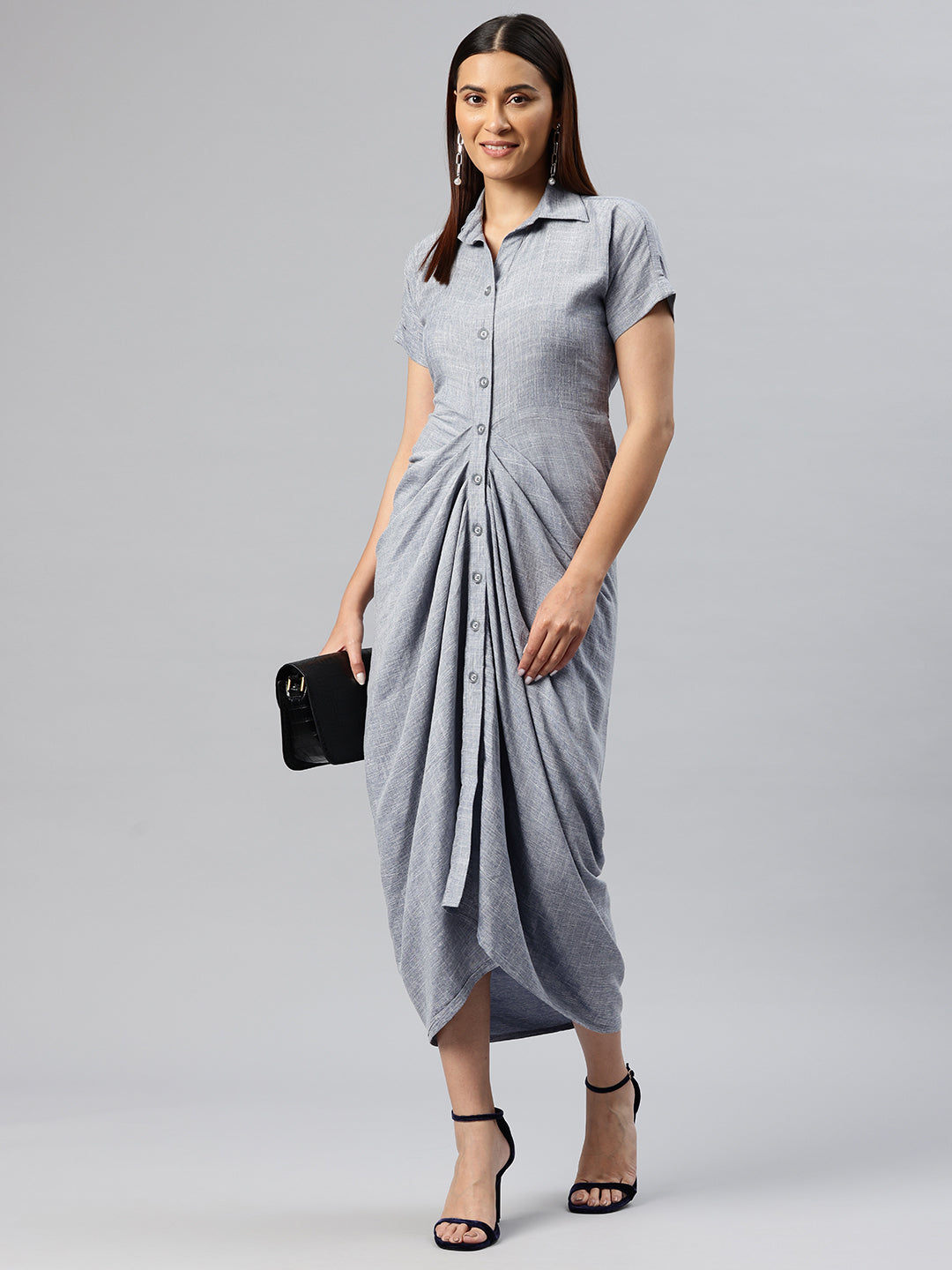 Cottinfab Solid Gathered-Detail Shirt Midi Dress