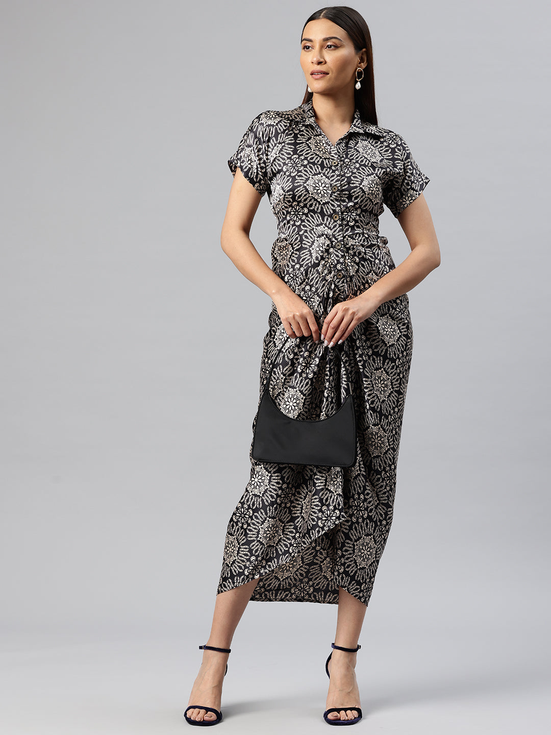 Cottinfab Ethnic Motifs Print Gathered-Detail Satin Shirt Midi Dress