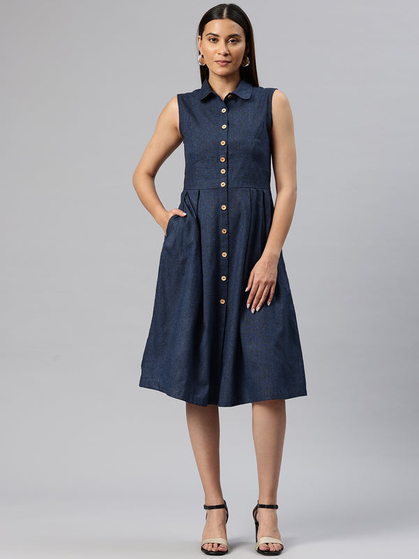 Cottinfab Solid Belted A-Line Dress