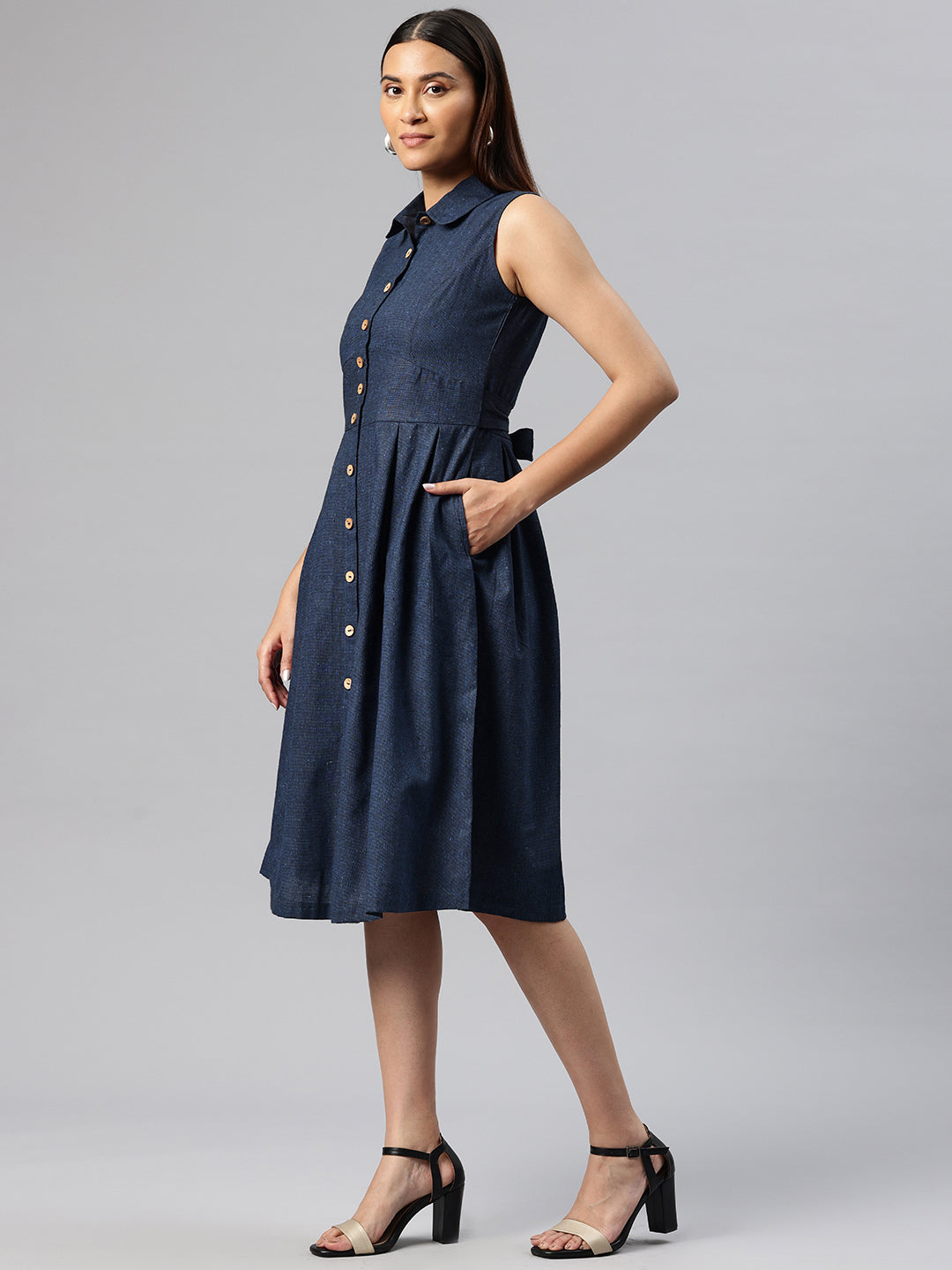 Cottinfab Solid Belted A-Line Dress