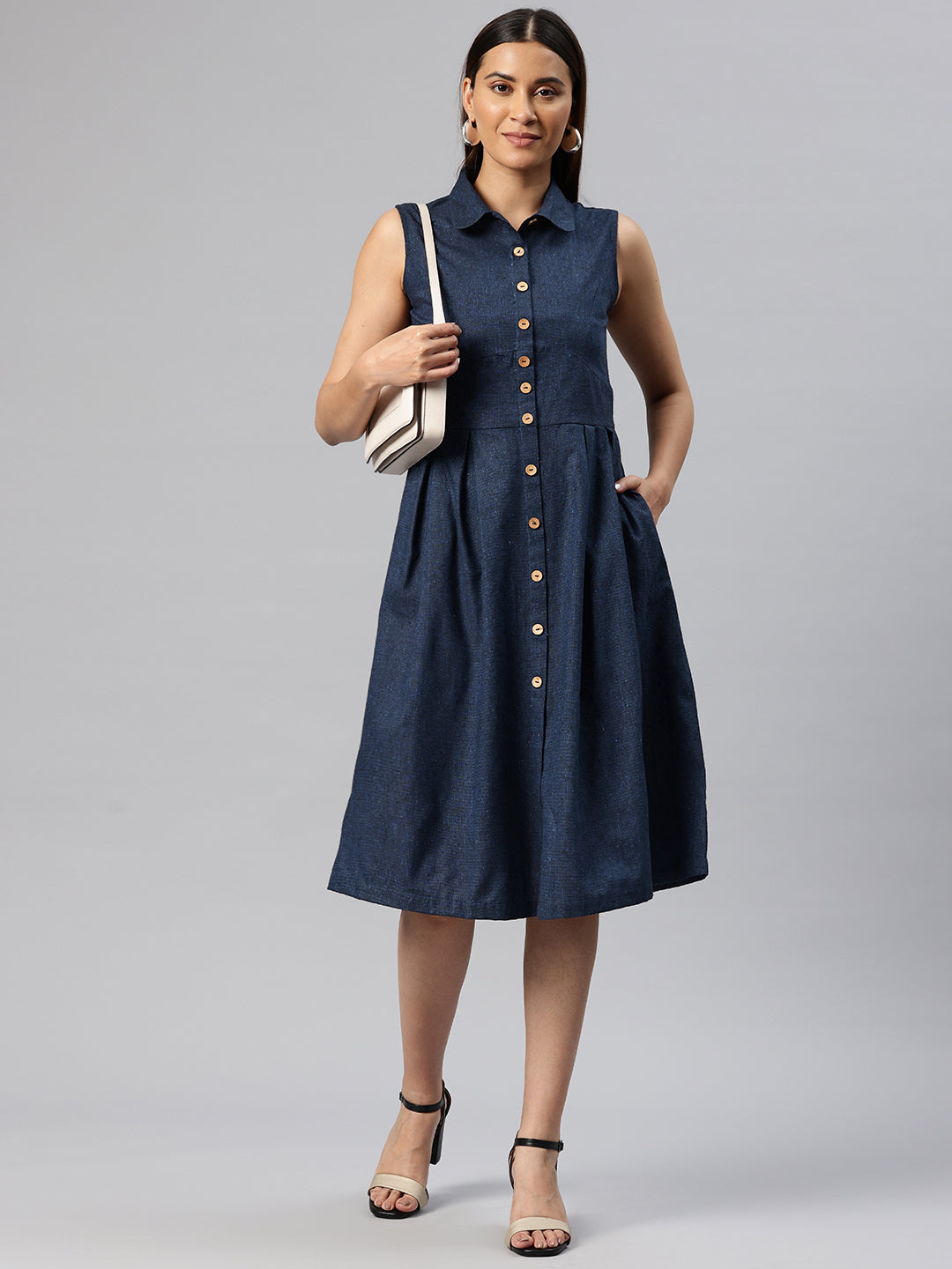 Cottinfab Solid Belted A-Line Dress