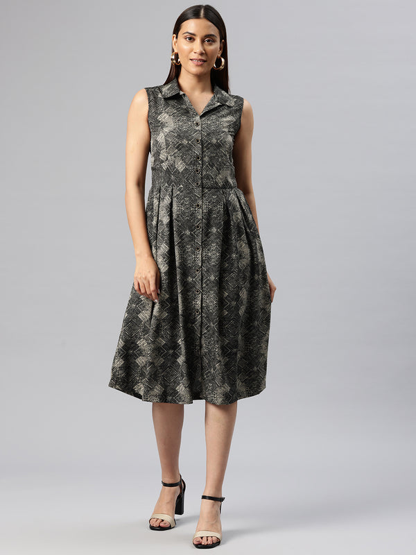 Cottinfab Print Peter Pan Collar Crepe Fit & Flare Dress