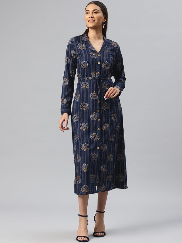 Cottinfab Ethnic Motifs Printed Belted Shirt Midi Dress