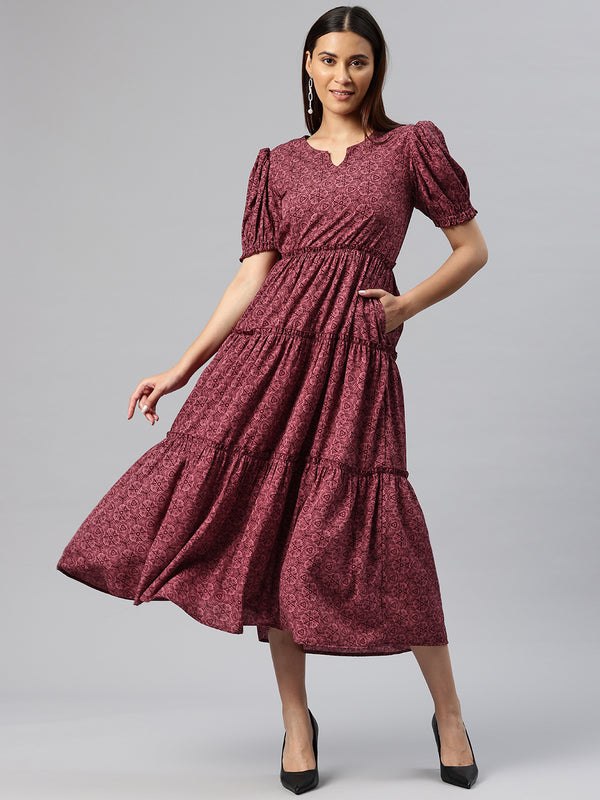 Cottinfab Abstract Printed Puff Sleeve Crepe Fit & Flare Midi Dress