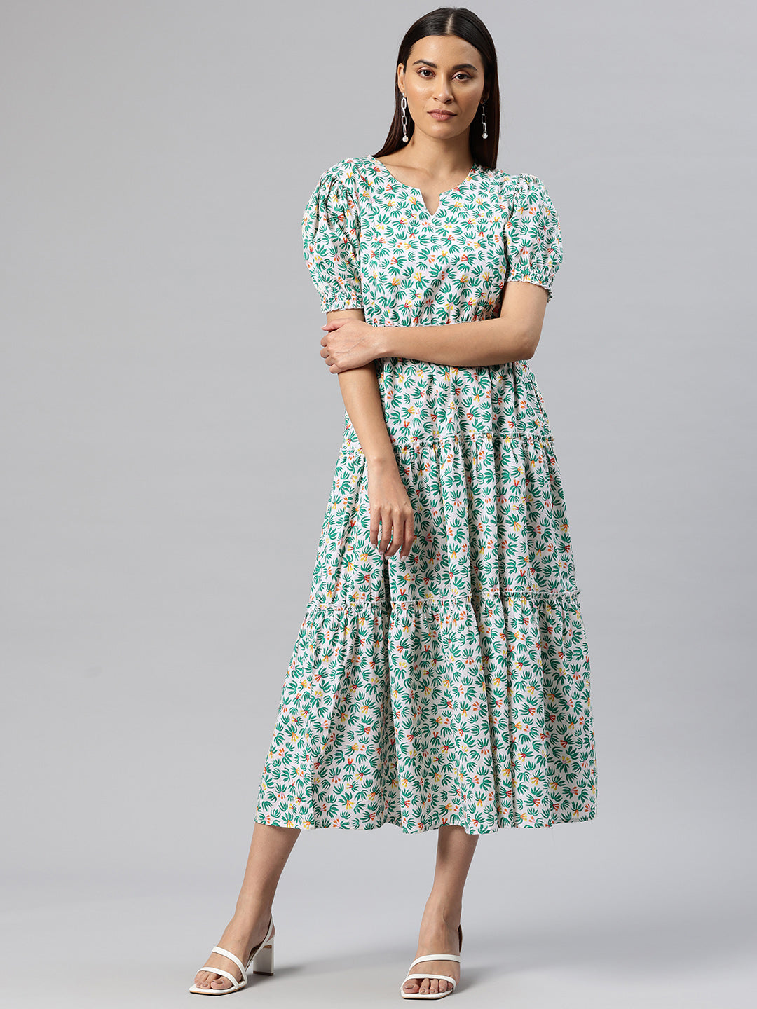 Cottinfab Floral Print Puff Sleeve Fit & Flare Midi Dress