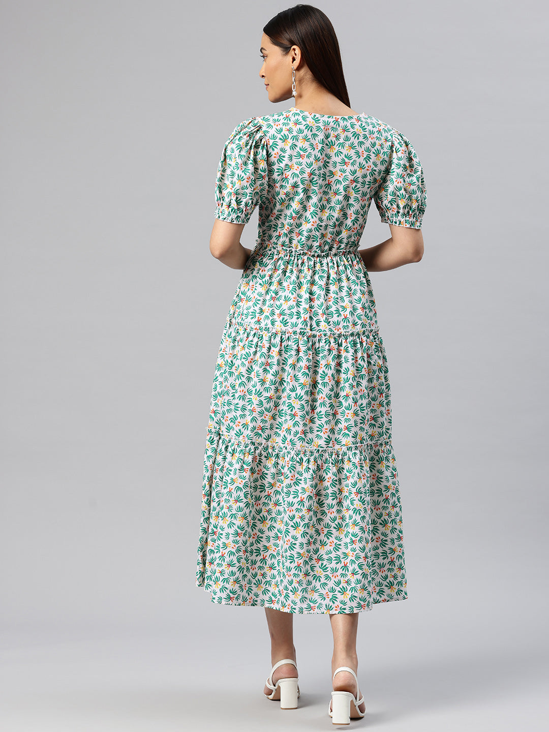 Cottinfab Floral Print Puff Sleeve Fit & Flare Midi Dress