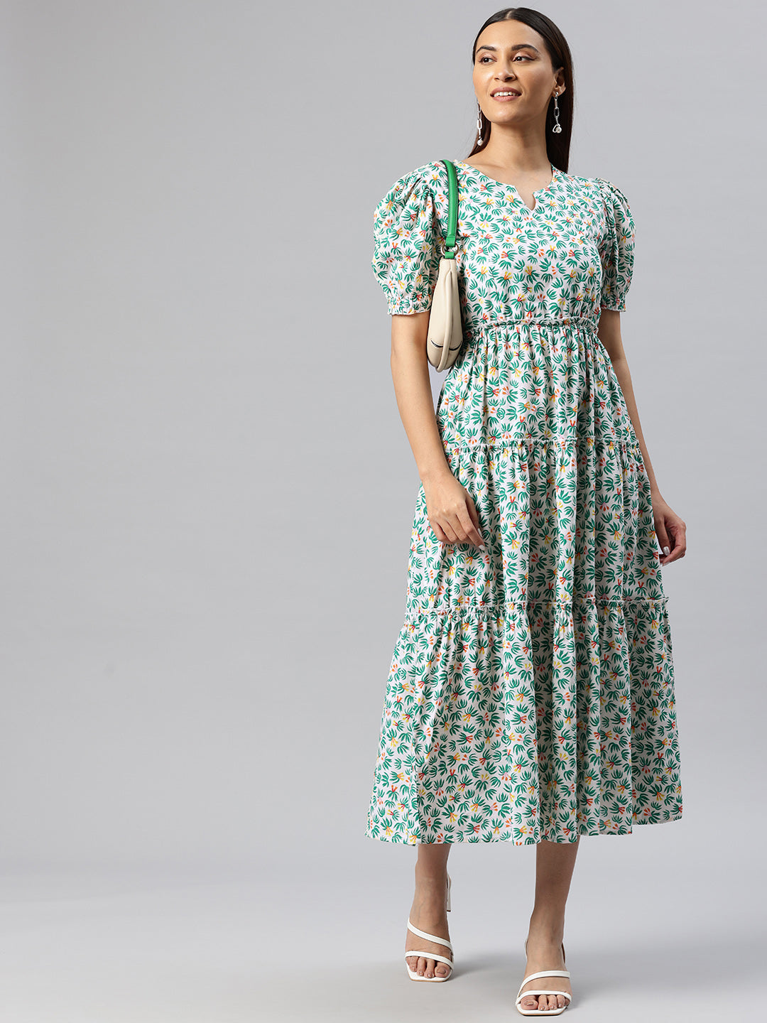 Cottinfab Floral Print Puff Sleeve Fit & Flare Midi Dress