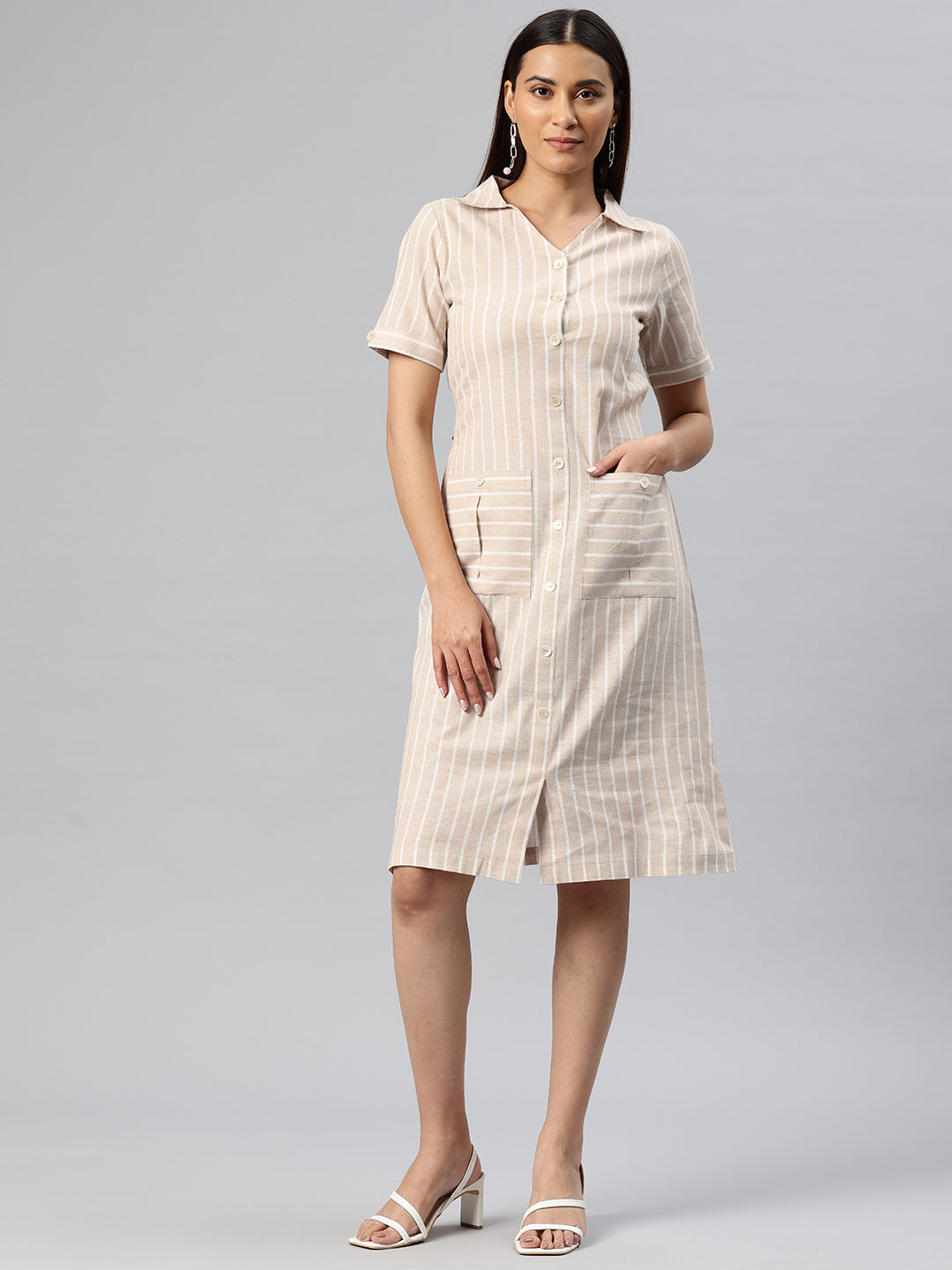 Cottinfab Striped Pocket Detailing Shirt Dress