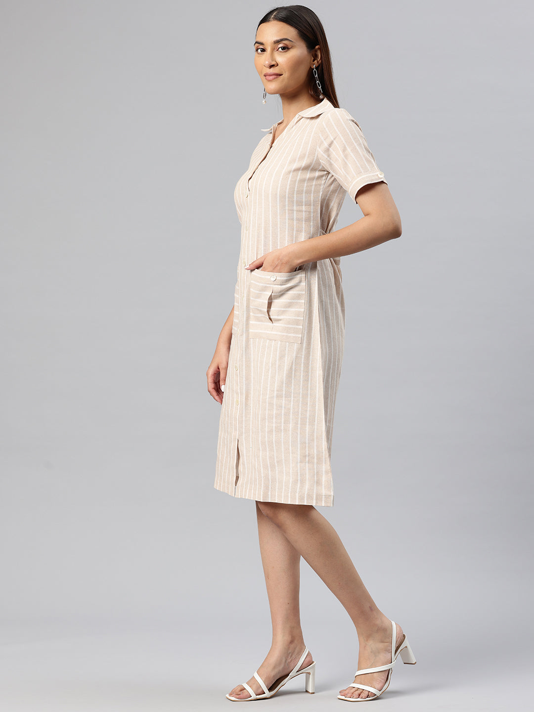 Cottinfab Striped Pocket Detailing Shirt Dress