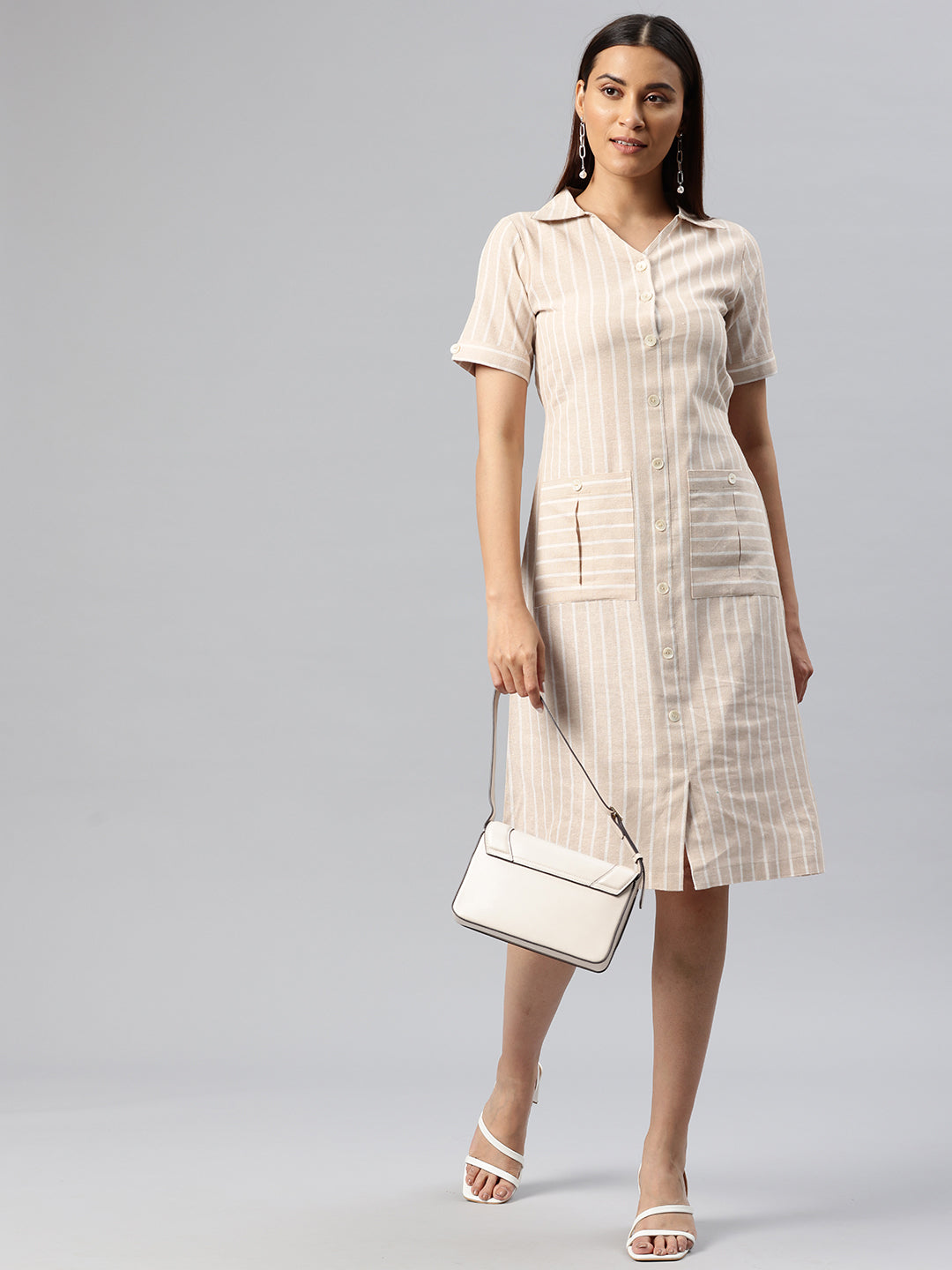 Cottinfab Striped Pocket Detailing Shirt Dress