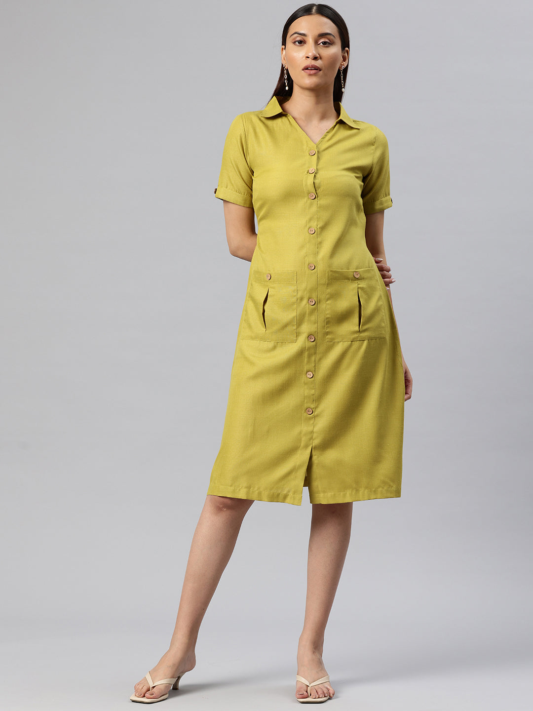 Cottinfab Solid Belted Shirt Dress