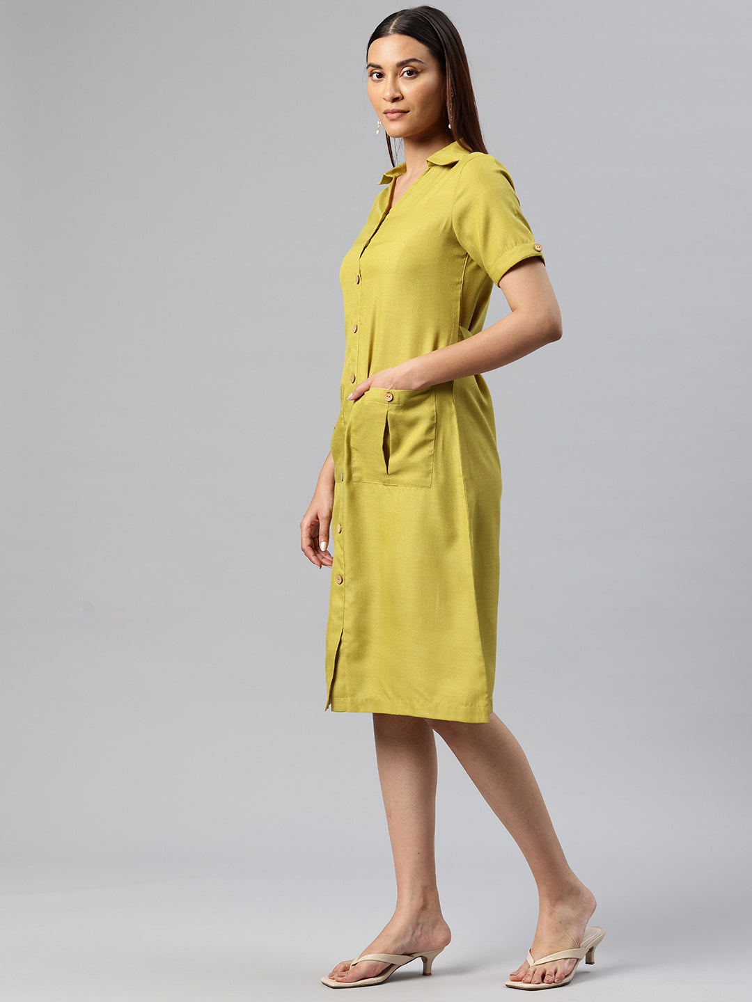 Cottinfab Solid Belted Shirt Dress