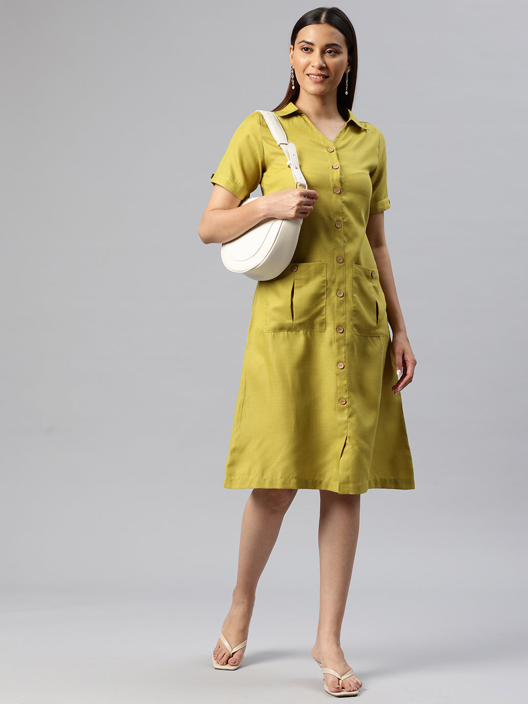 Cottinfab Solid Belted Shirt Dress