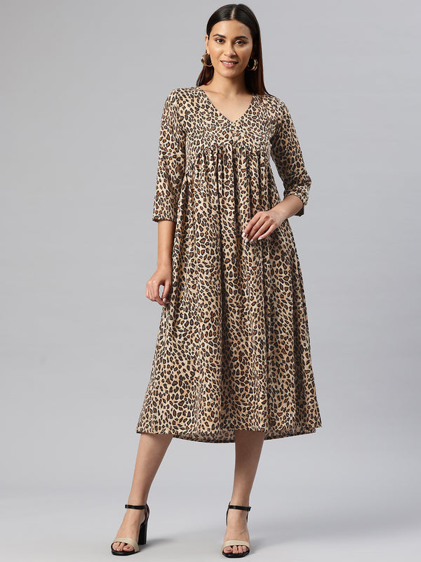 Cottinfab Animal Printed Crepe A-Line Midi Dress