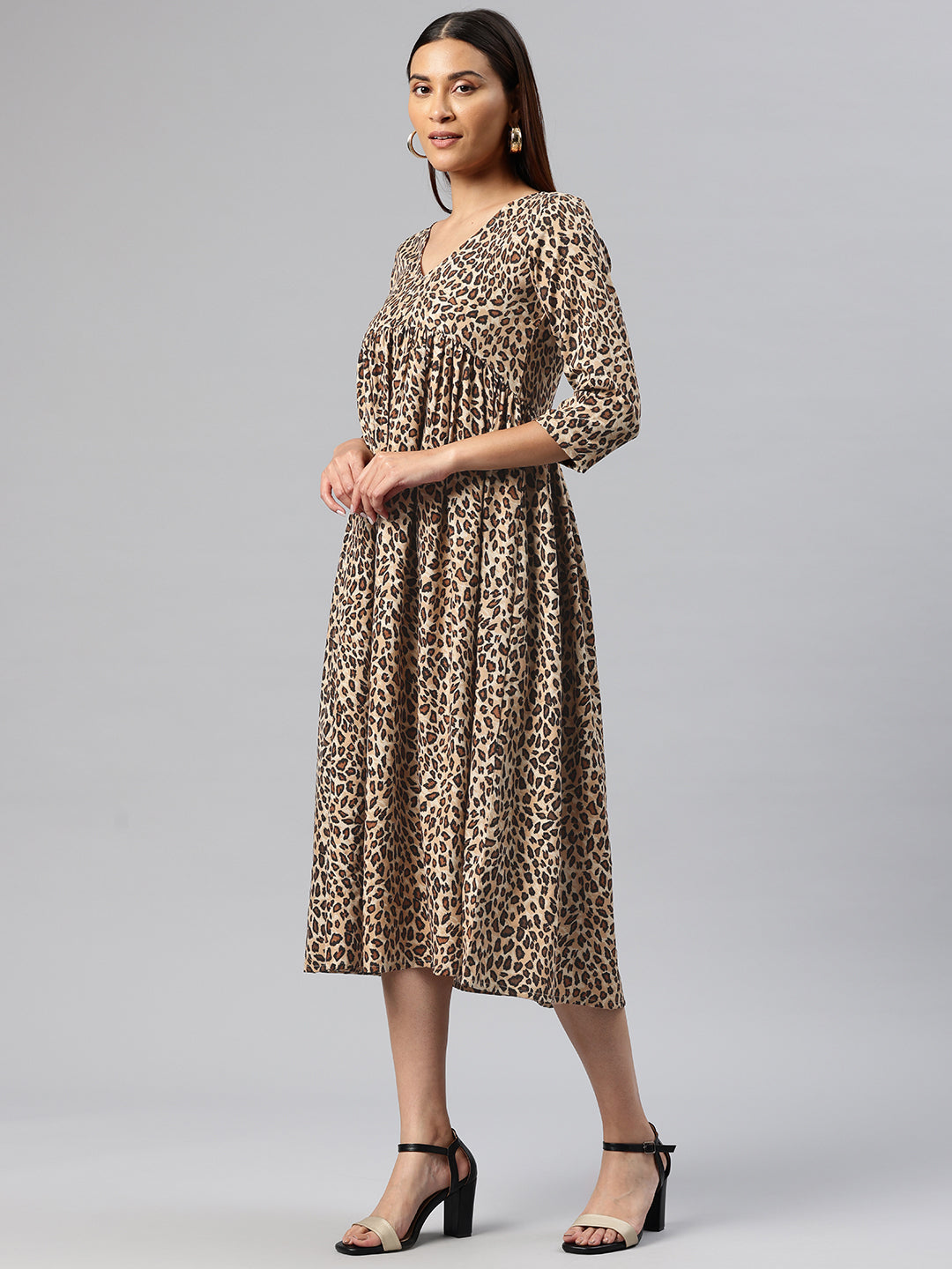 Cottinfab Animal Printed Crepe A-Line Midi Dress