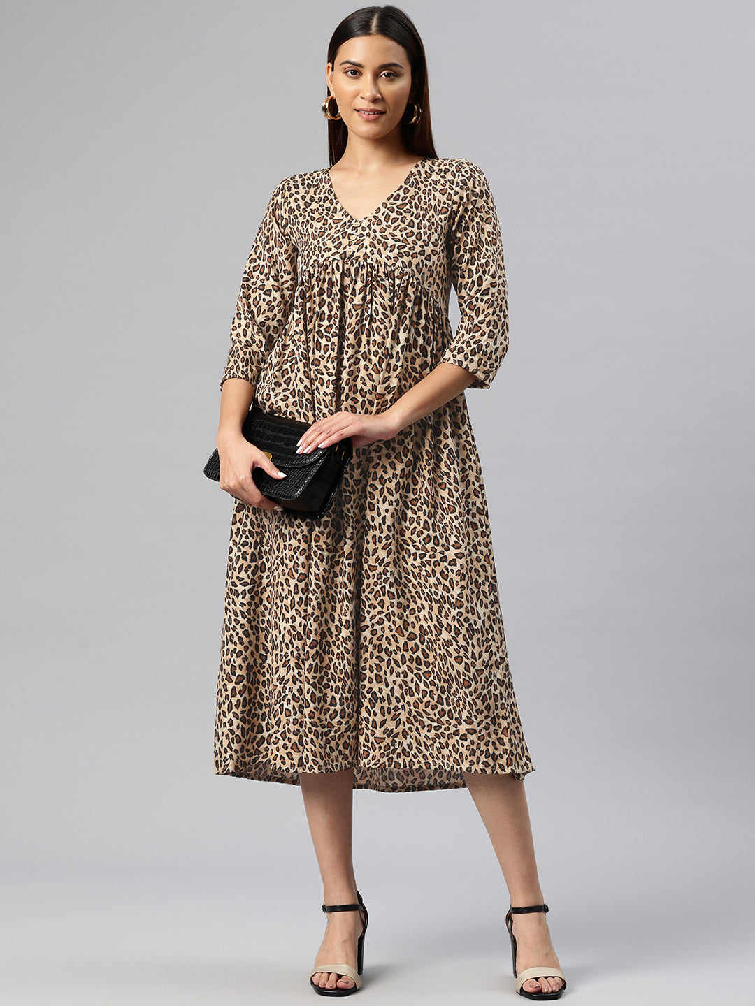 Cottinfab Animal Printed Crepe A-Line Midi Dress