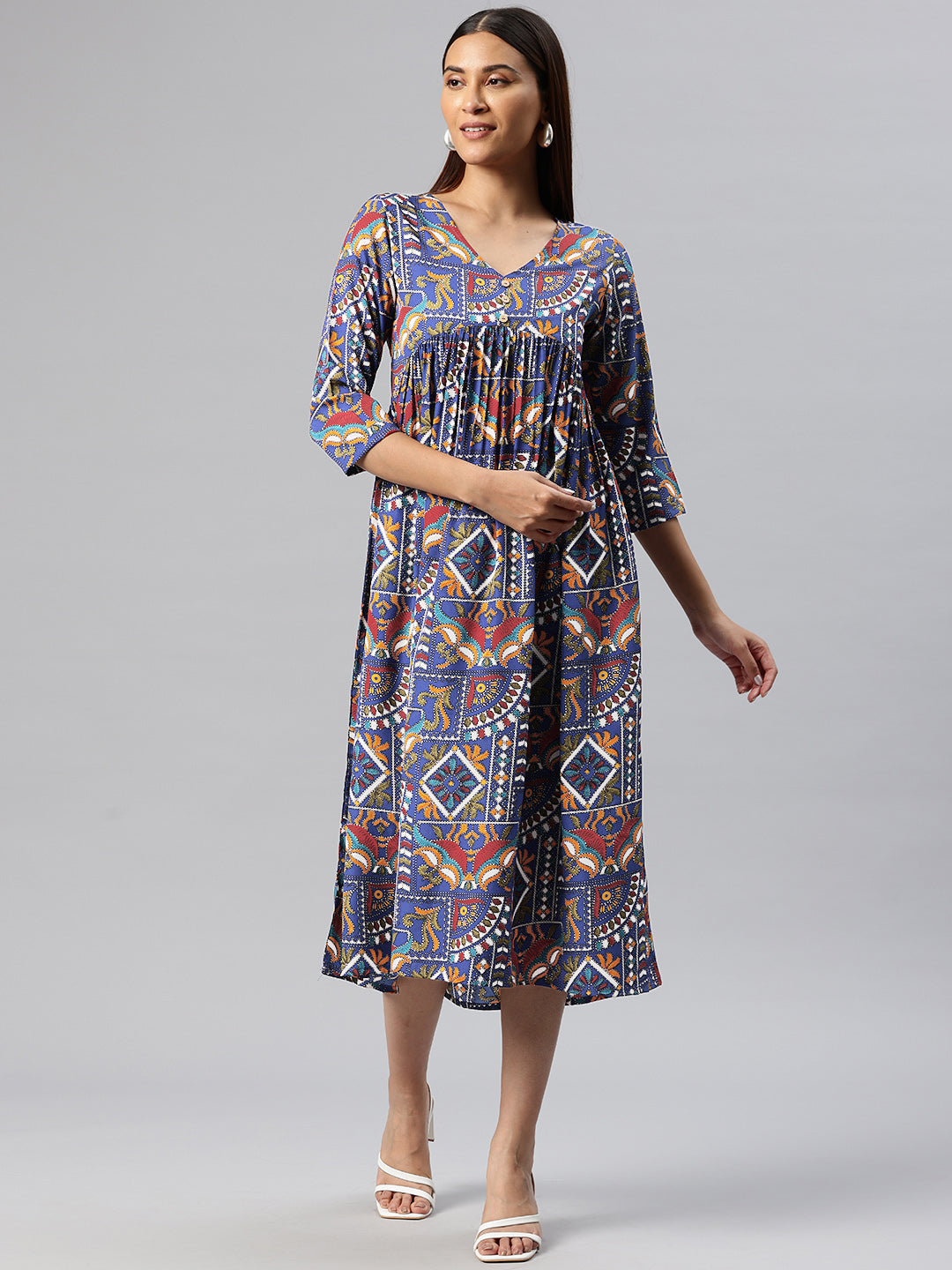 Cottinfab Ethnic Motifs Print Crepe A-Line Midi Dress