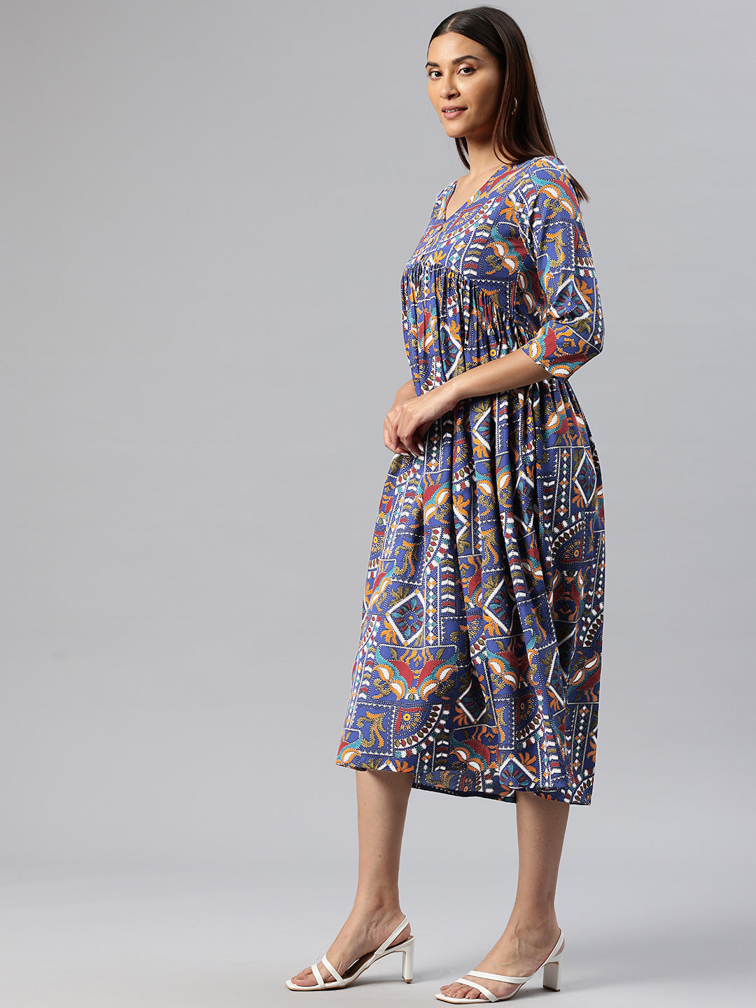 Cottinfab Ethnic Motifs Print Crepe A-Line Midi Dress