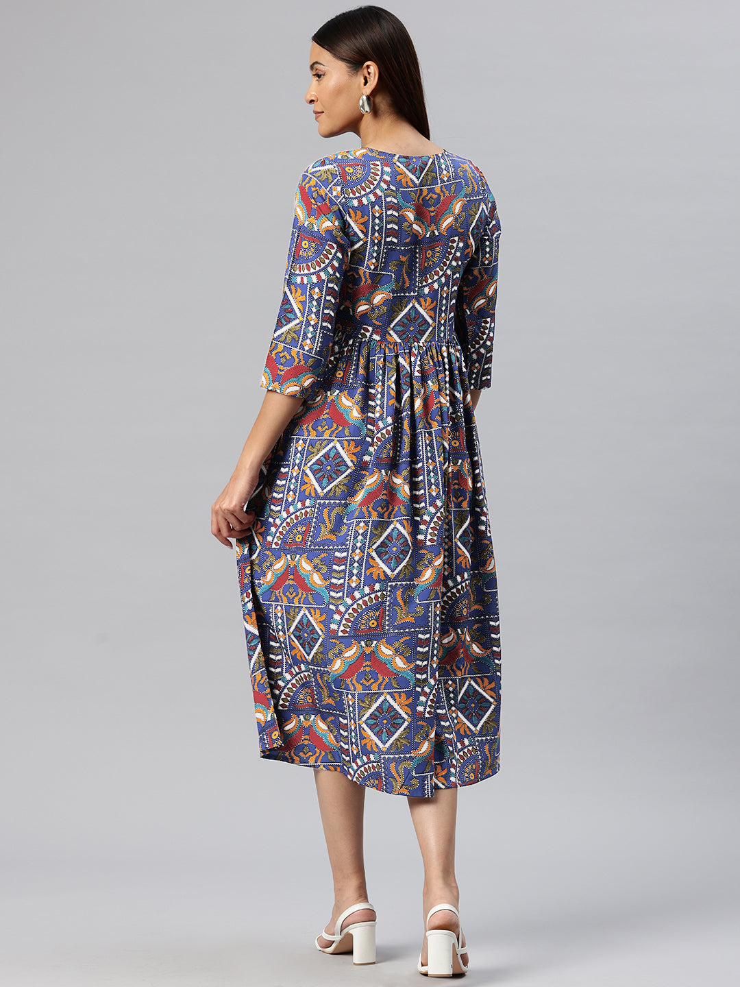 Cottinfab Ethnic Motifs Print Crepe A-Line Midi Dress