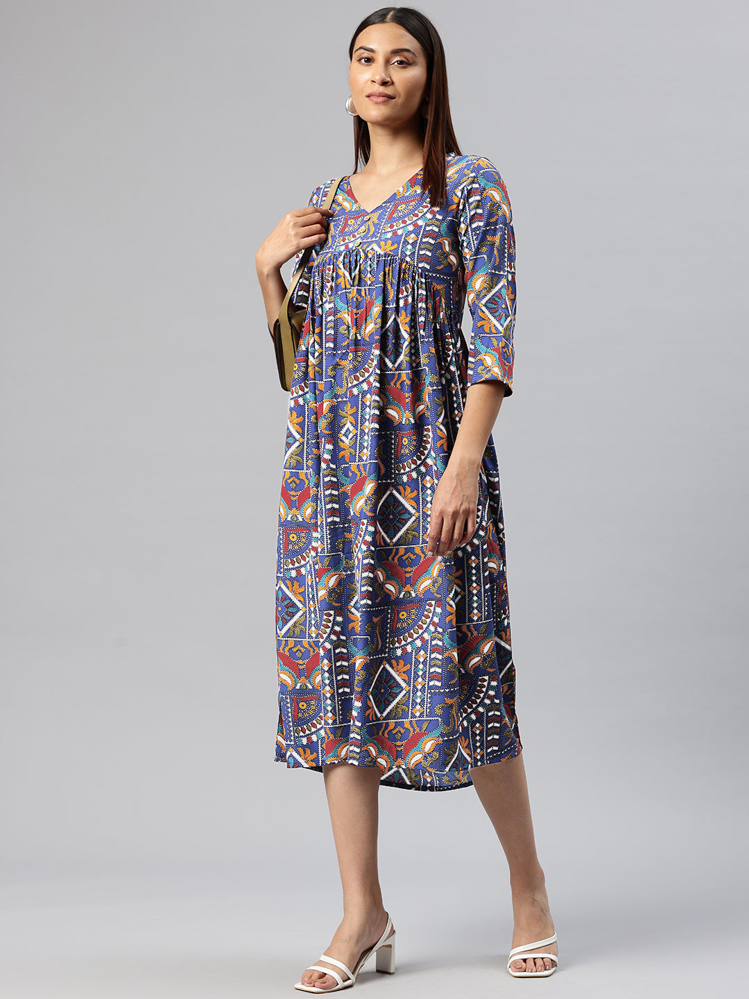 Cottinfab Ethnic Motifs Print Crepe A-Line Midi Dress