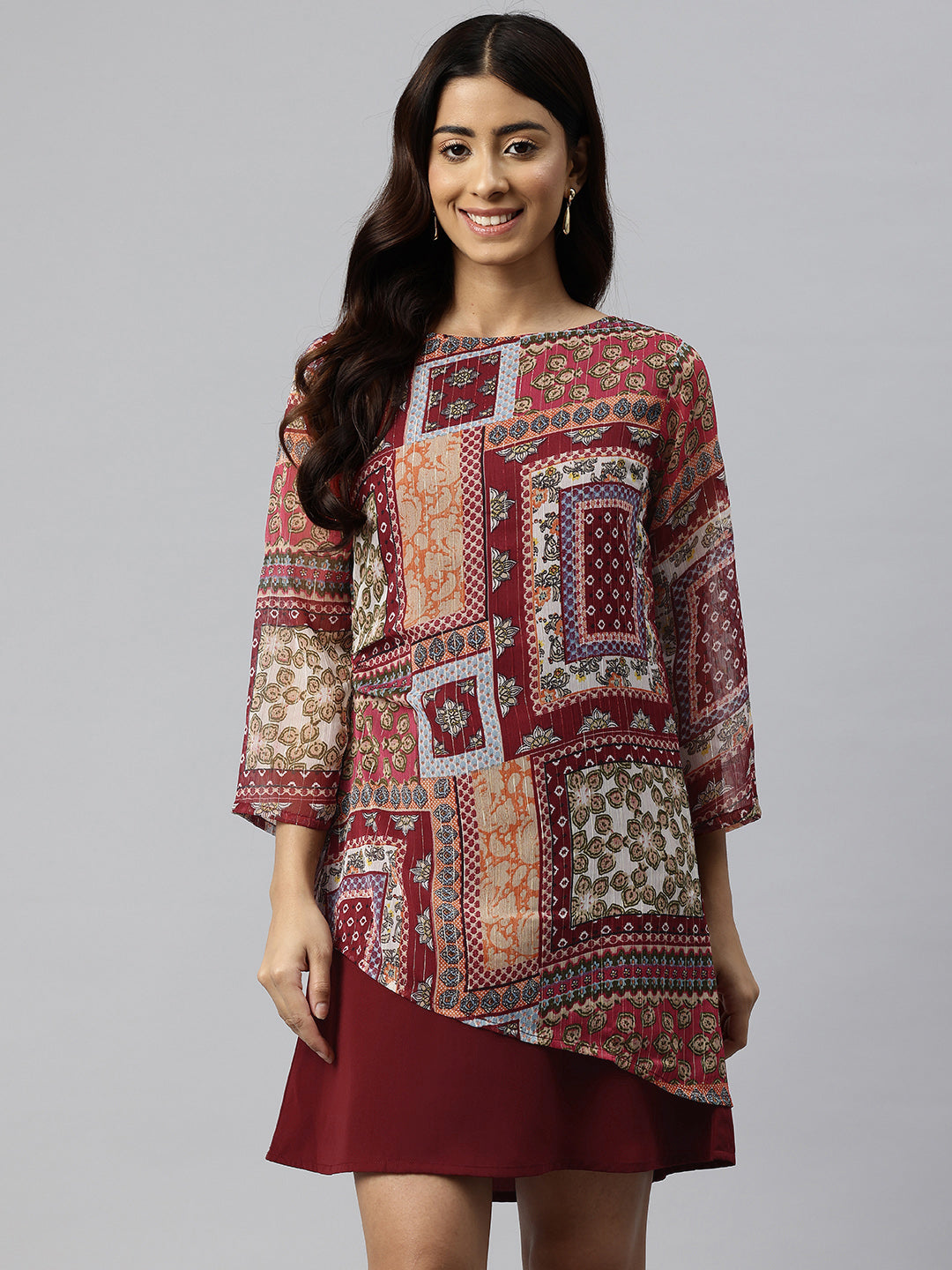 Cottinfab Ethnic Motifs Printed Layered Georgette A-Line Mini Dress