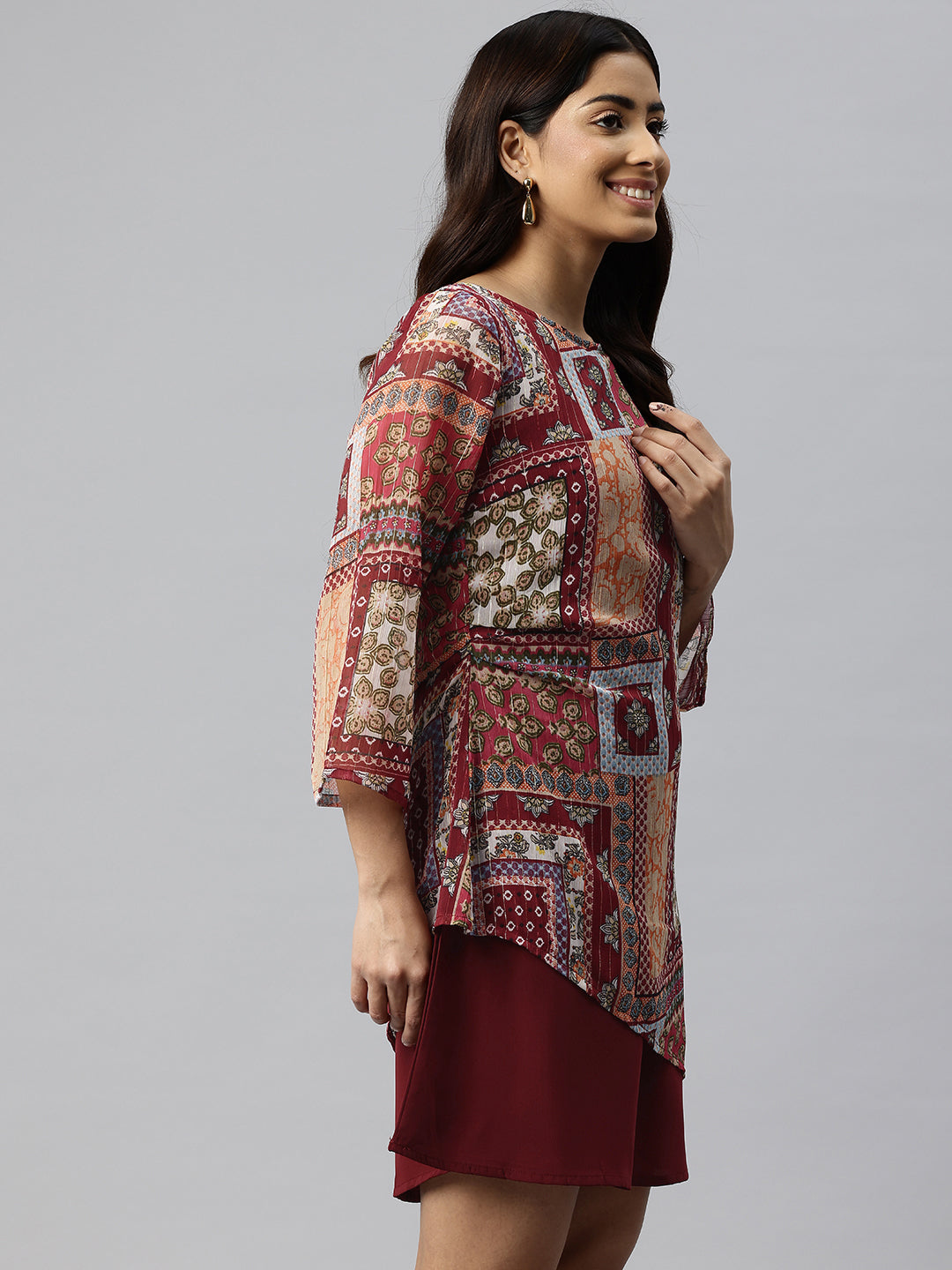 Cottinfab Ethnic Motifs Printed Layered Georgette A-Line Mini Dress