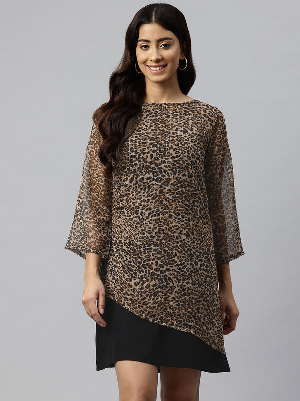 Cottinfab Animal Print Boat Neck Layered Georgette A-Line Dress