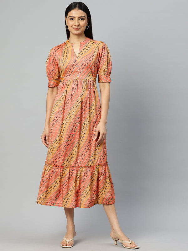 Cottinfab Print Puff Sleeves Fit & Flare Midi Dress