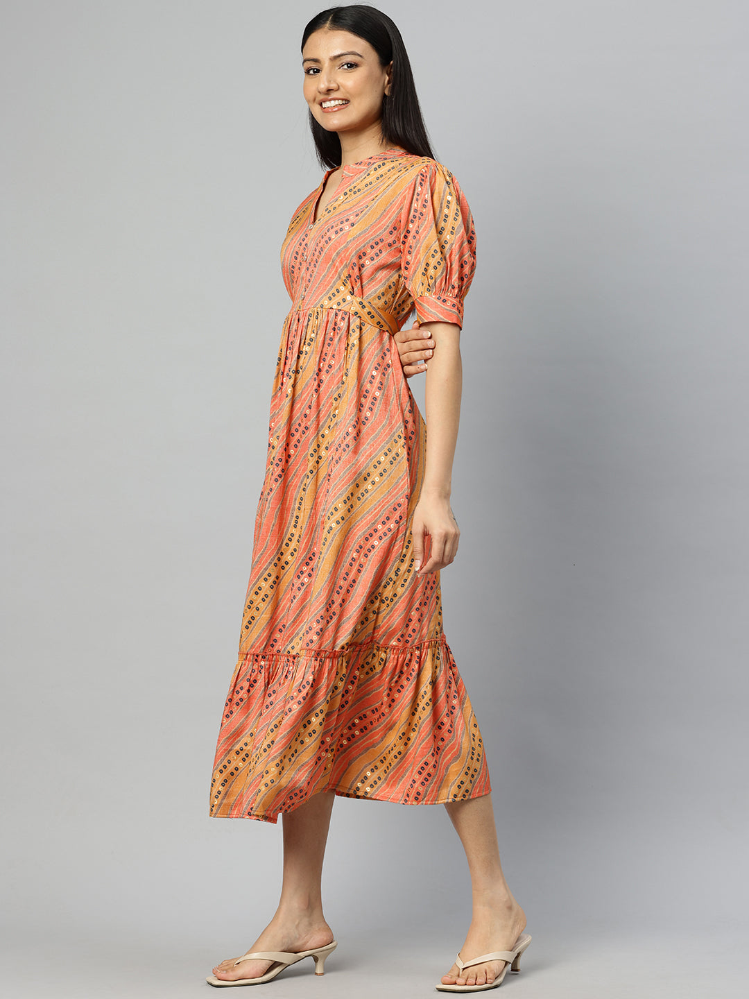 Cottinfab Print Puff Sleeves Fit & Flare Midi Dress