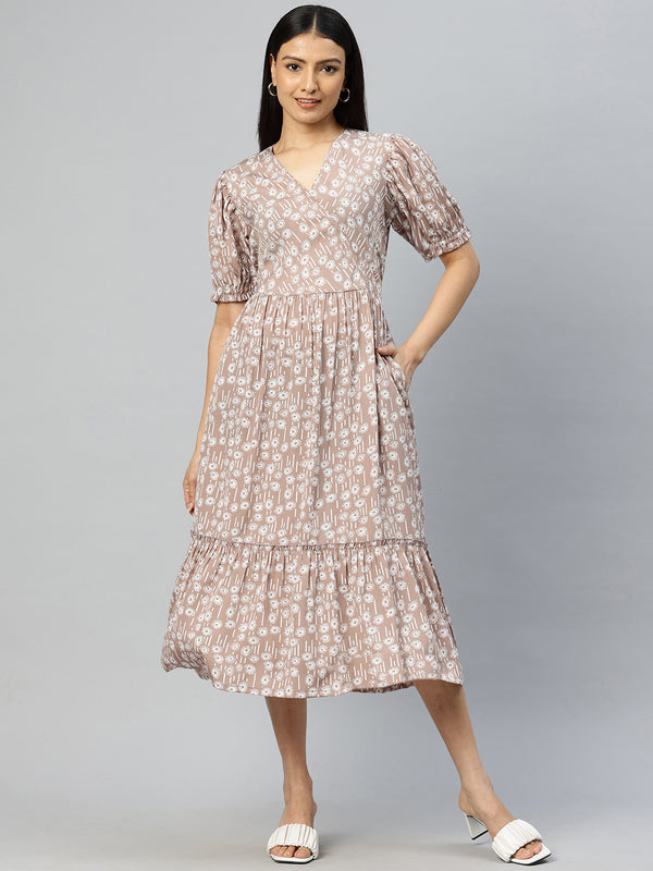 Cottinfab Floral Print Puff Sleeves Crepe Midi Dress