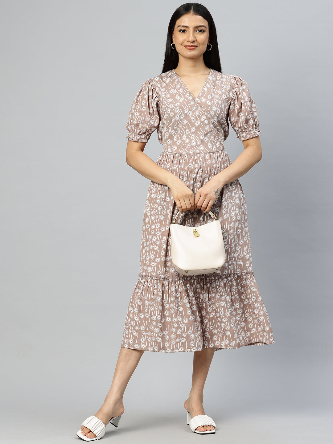 Cottinfab Floral Print Puff Sleeves Crepe Midi Dress