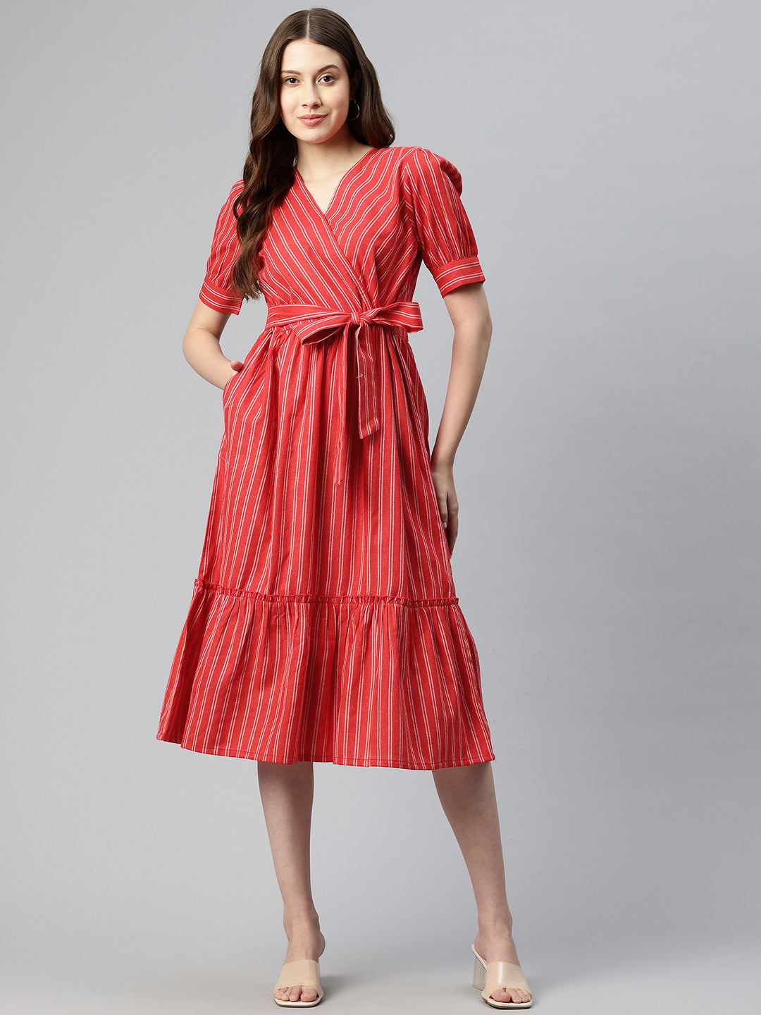 Cottinfab Women Striped Wrap Style Cotton Fit & Flare Dress