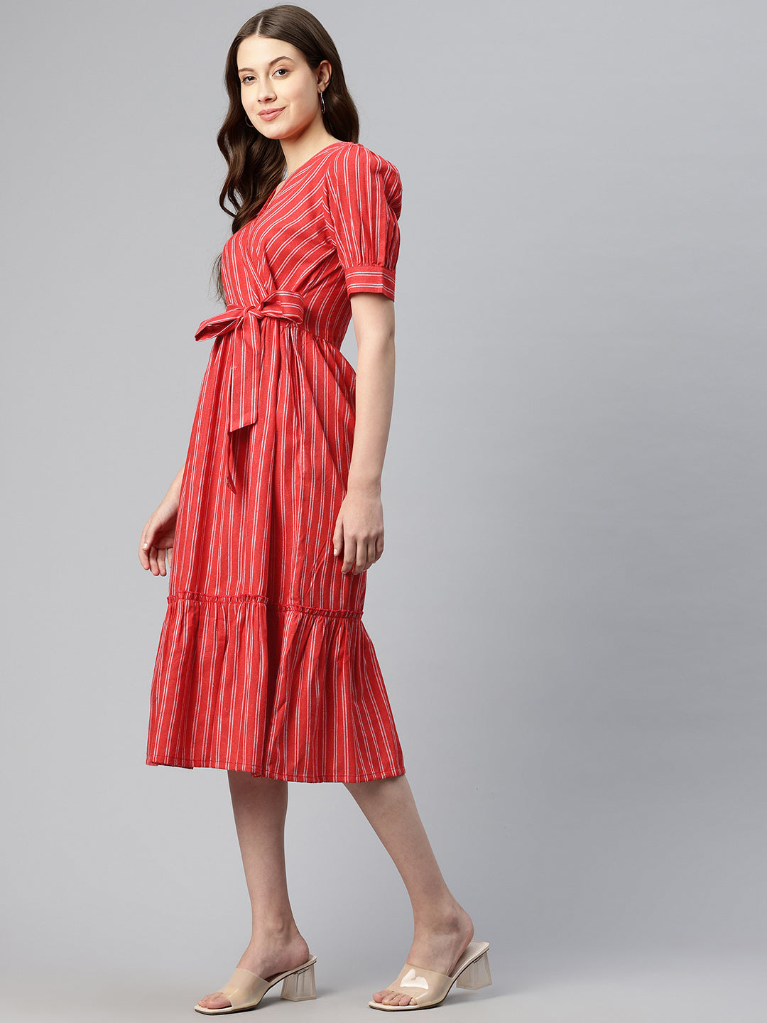 Cottinfab Women Striped Wrap Style Cotton Fit & Flare Dress