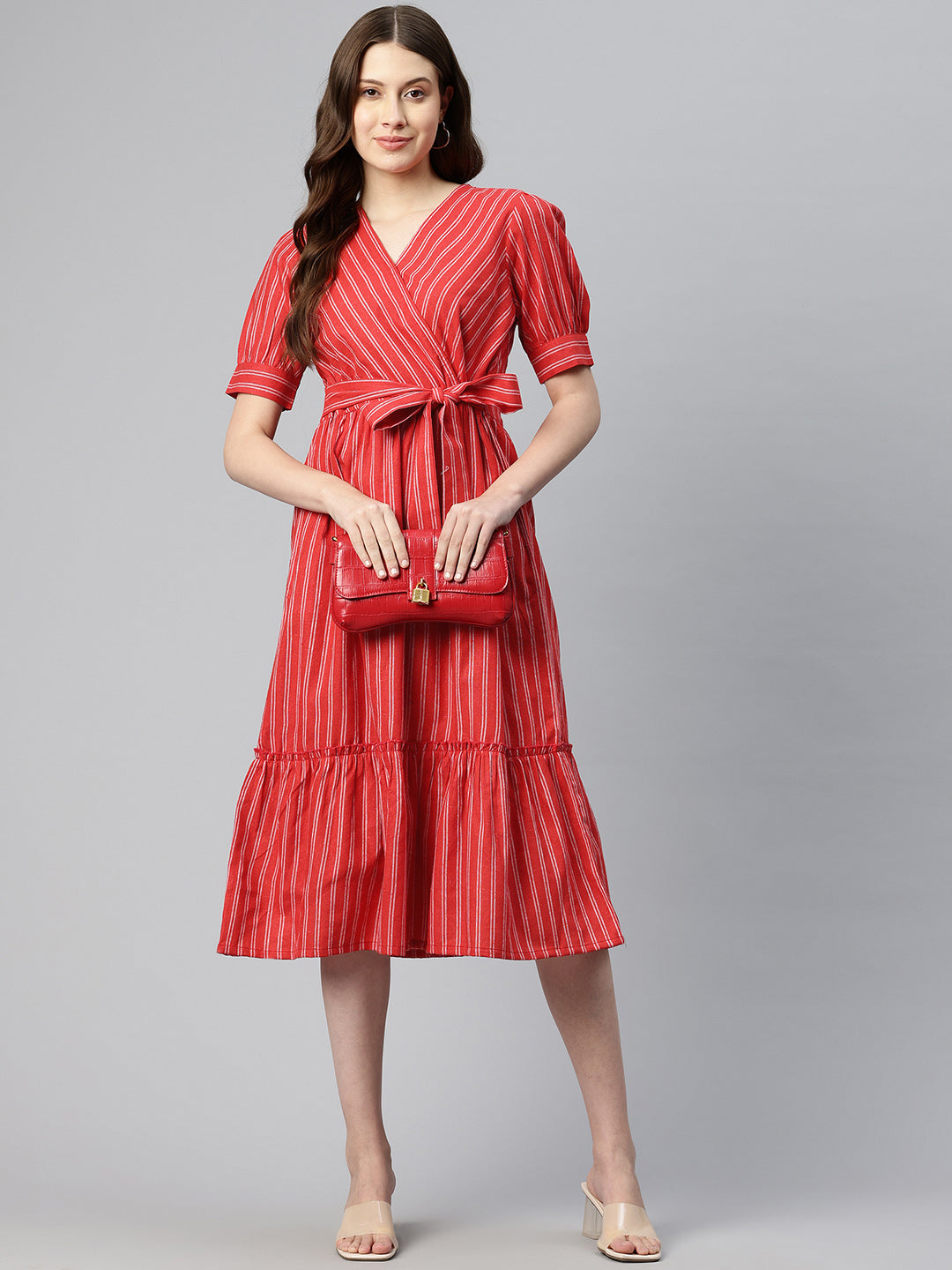 Cottinfab Women Striped Wrap Style Cotton Fit & Flare Dress