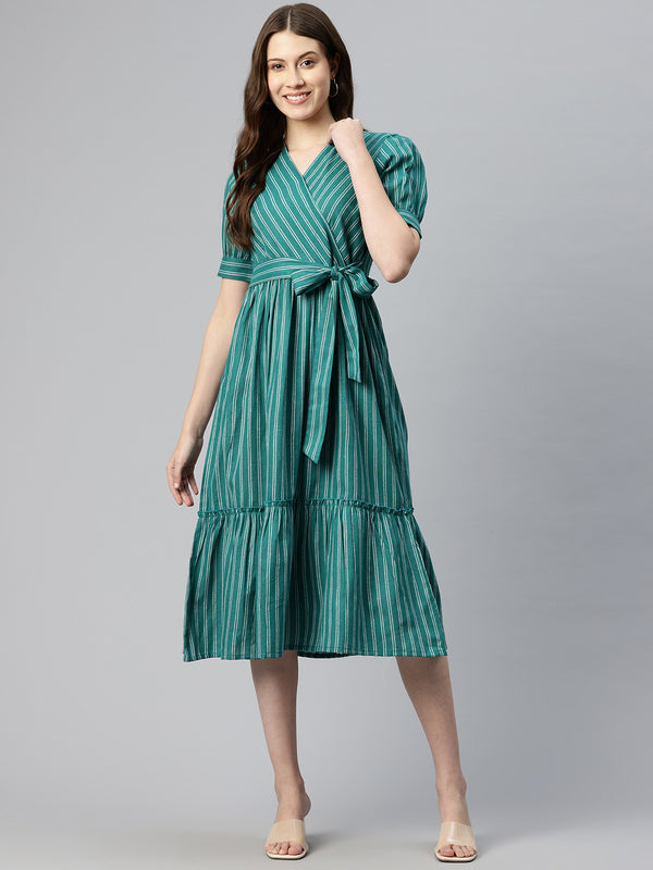 Cottinfab Women Striped Wrap Style Cotton Fit & Flare Dress