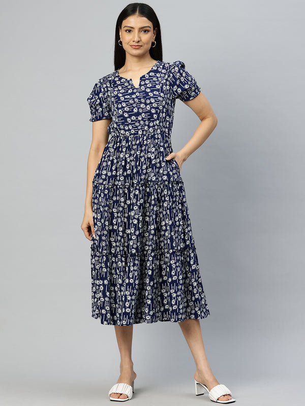 Cottinfab Print Puff Sleeves Crepe Fit & Flare Midi Dress