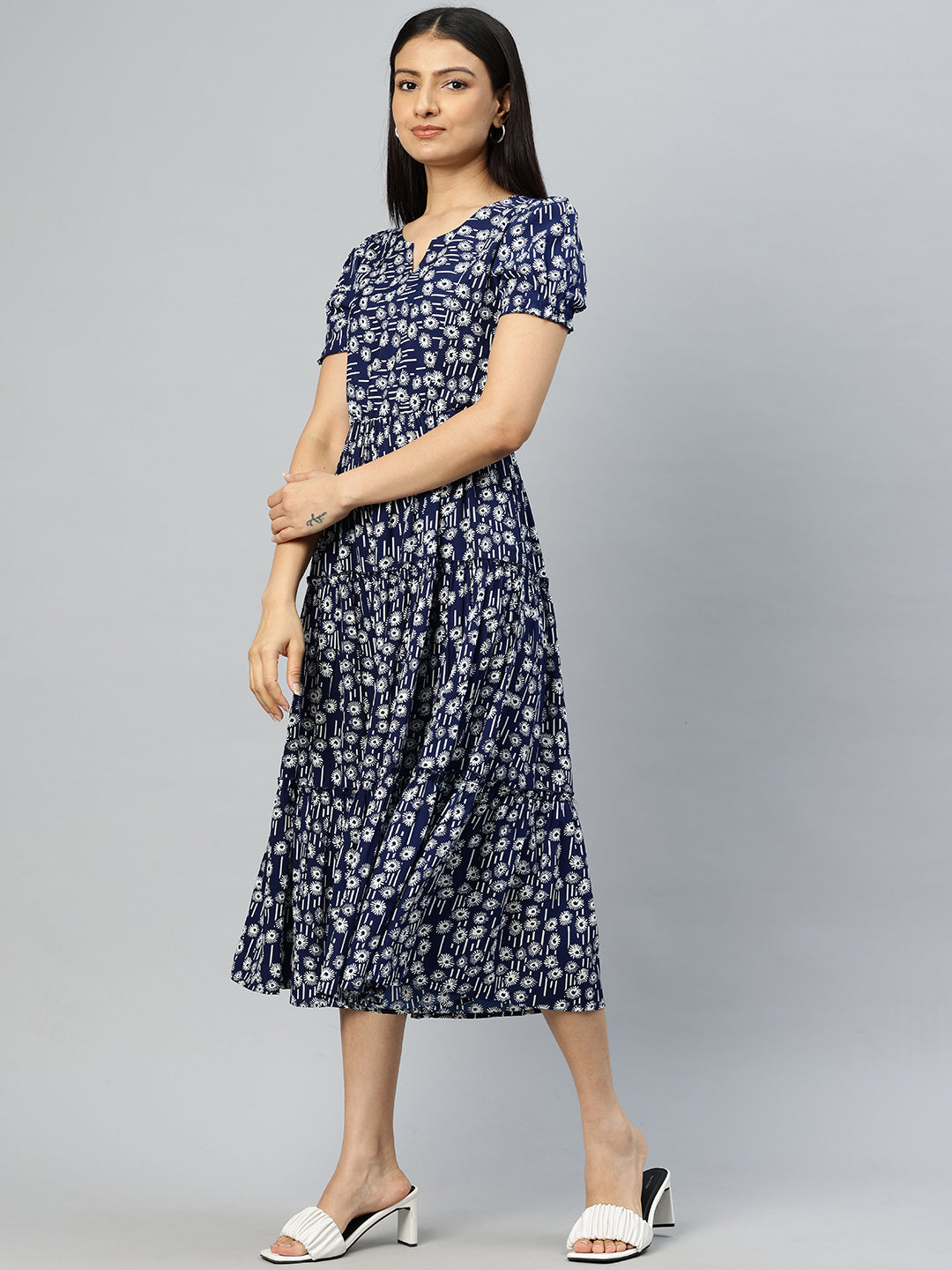 Cottinfab Print Puff Sleeves Crepe Fit & Flare Midi Dress