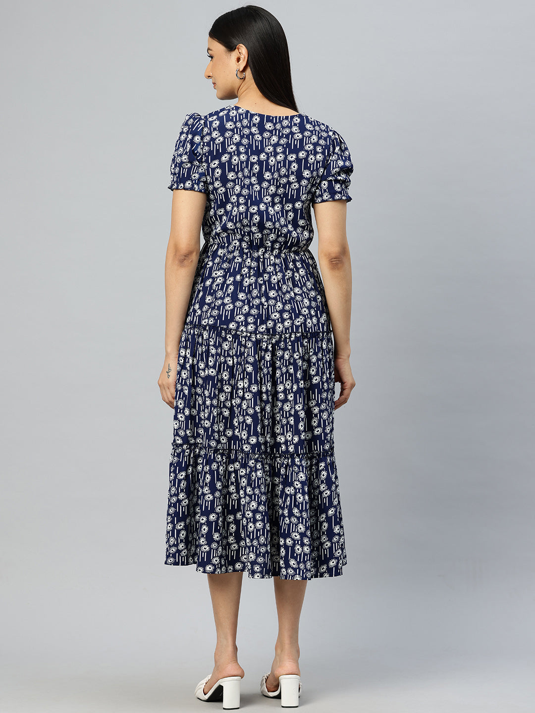 Cottinfab Print Puff Sleeves Crepe Fit & Flare Midi Dress